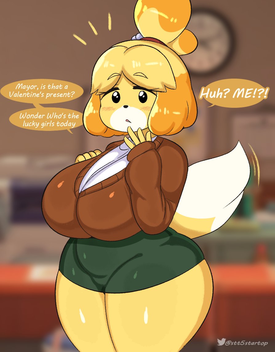 2024 animal_crossing anthro artist_name big_breasts black_eyes blonde_hair blurred_background blush bottomwear breasts canid canine canis clothed clothing curvy_figure dialogue dipstick_tail domestic_dog english_text eyebrow_through_hair eyebrows eyelashes female floppy_ears fully_clothed hair holidays huge_breasts inside isabelle_(animal_crossing) mammal markings miniskirt nintendo shih_tzu short_hair skirt solo speech_bubble startop sweater tail tail_markings text thick_thighs topwear toy_dog translucent translucent_hair twitter_handle valentine's_day voluptuous wide_hips