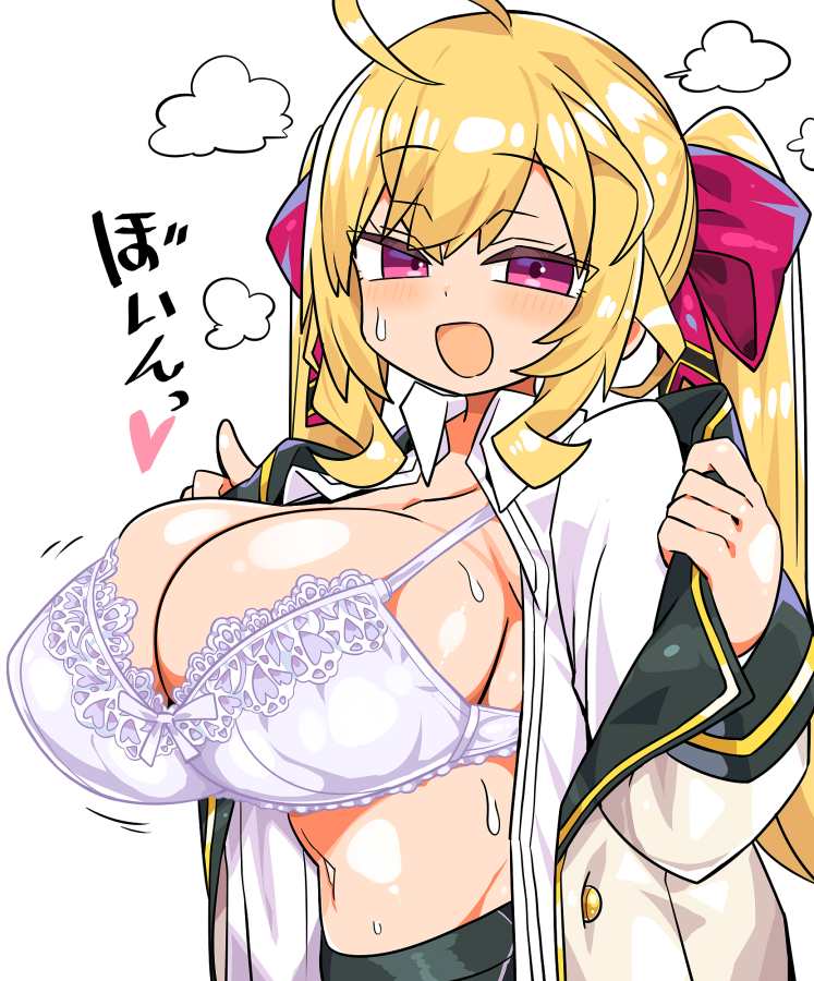 1girl :d ahoge blonde_hair blush bouncing_breasts bra breasts commentary_request hair_ribbon jacket kanikama large_breasts long_hair looking_at_viewer navel nijisanji open_clothes open_jacket open_mouth open_shirt pink_eyes red_ribbon ribbon shirt simple_background smile solo sweat takamiya_rion takamiya_rion_(1st_costume) underwear virtual_youtuber white_background white_bra white_jacket white_shirt