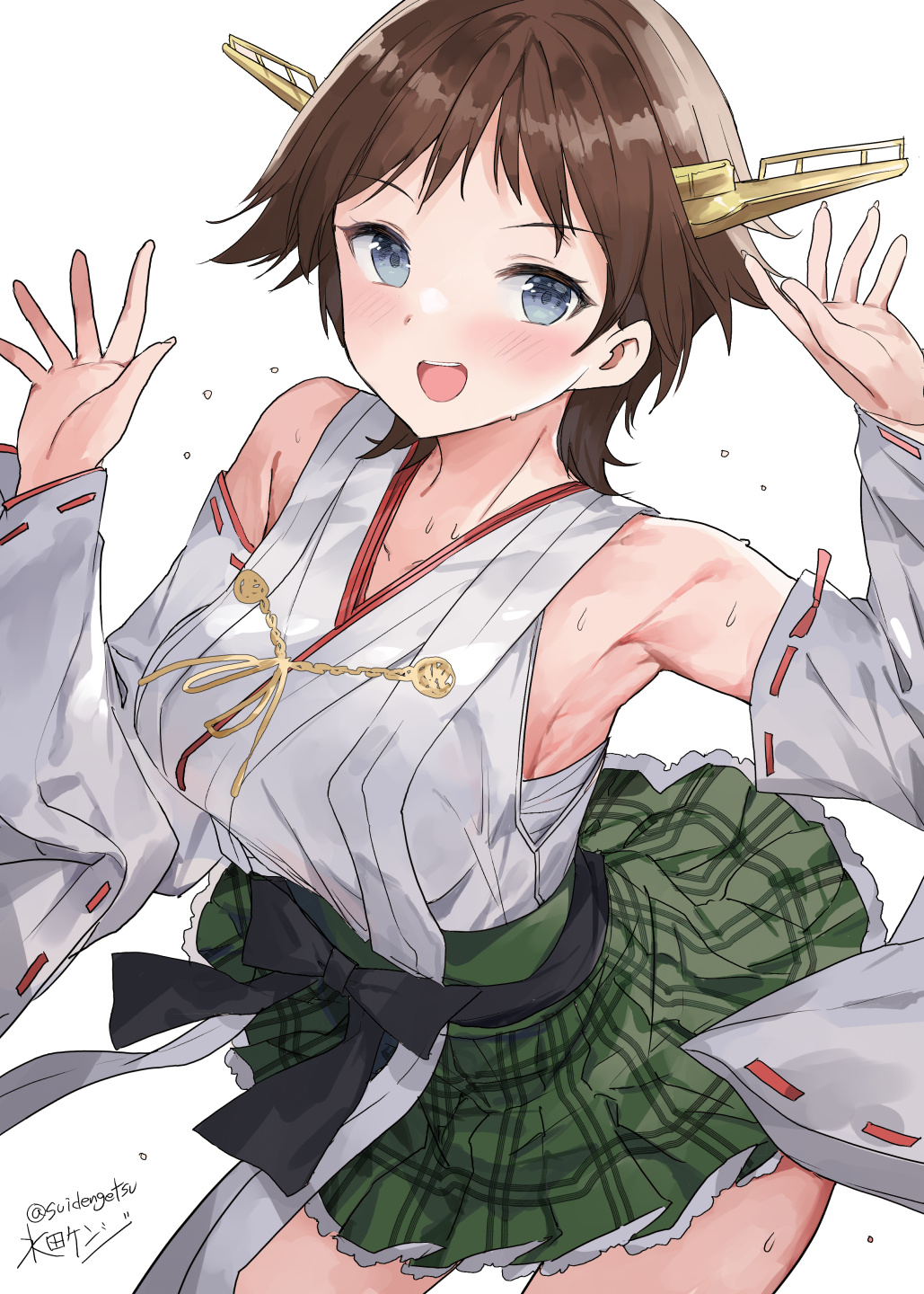 1girl :d bare_shoulders breasts brown_hair commentary_request detached_sleeves flipped_hair green_skirt grey_eyes hands_up headgear hiei_(kancolle) hiei_kai_ni_(kancolle) highres japanese_clothes kantai_collection kimono large_breasts looking_at_viewer mizuta_kenji nontraditional_miko one-hour_drawing_challenge open_mouth plaid plaid_skirt ribbon-trimmed_sleeves ribbon_trim short_hair signature skirt sleeveless sleeveless_kimono smile solo sweat twitter_username white_background white_kimono wide_sleeves
