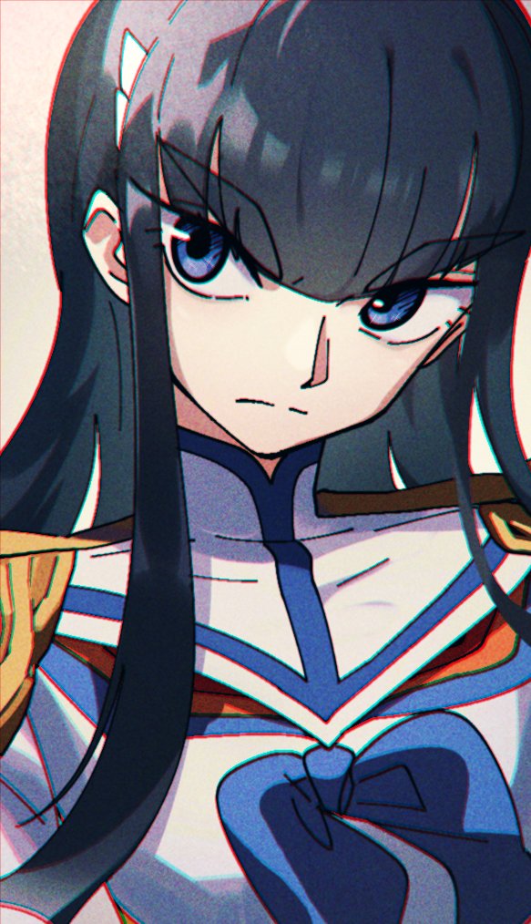 1girl black_hair blue_eyes epaulettes junketsu kill_la_kill kiryuuin_satsuki long_hair looking_to_the_side nzeneee solo thick_eyebrows upper_body