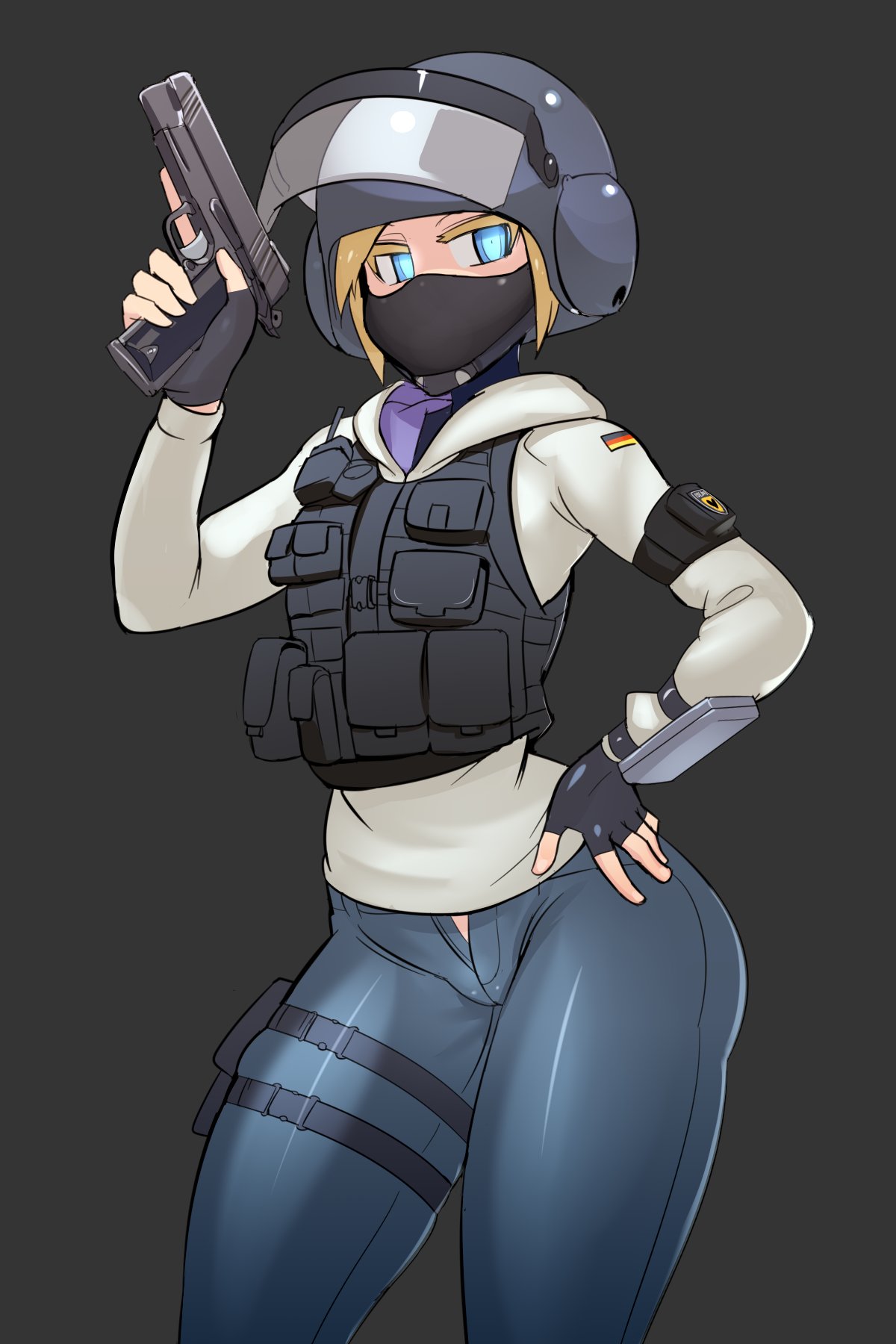 1girl balaclava black_background black_gloves blonde_hair blue_eyes blue_pants bulletproof_vest denim fingerless_gloves gloves gun h&amp;k_usp handgun helmet highres holding holding_gun holding_weapon iq_(rainbow_six_siege) jacket long_sleeves looking_at_viewer nisetanaka pants police police_uniform policewoman rainbow_six_siege solo trigger_discipline uniform weapon white_jacket