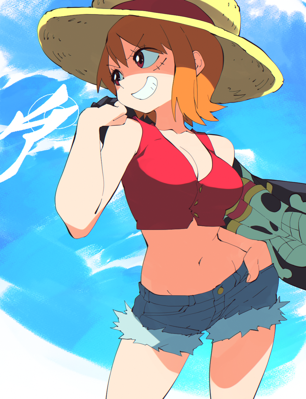 1girl aetherion blue_shorts breasts cleavage cosplay crop_top denim denim_shorts flag hand_in_pocket hat highres holding holding_flag jolly_roger midriff monkey_d._luffy monkey_d._luffy_(cosplay) nami_(one_piece) navel official_alternate_costume one_piece orange_hair red_eyes red_shirt scar scar_on_face shirt short_hair short_shorts shorts sleeveless sleeveless_shirt solo straw_hat straw_hats_jolly_roger