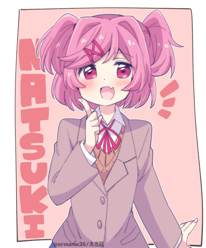 1girl :d blue_skirt blush border brown_jacket character_name doki_doki_literature_club eromame fang grey_jacket hair_ornament hair_ribbon hairclip jacket long_sleeves looking_at_viewer natsuki_(doki_doki_literature_club) notice_lines outline outside_border pink_eyes pink_hair red_ribbon ribbon school_uniform simple_background skin_fang skirt smile solo tareme upper_body white_border white_outline x_hair_ornament