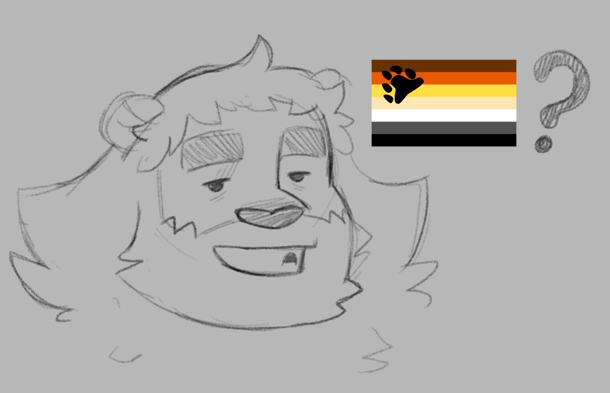 1boy ? animal_ears bara bear_ears bear_flag beard cropped_head dibuu_art facial_hair full_beard graphite_(medium) greyscale half-closed_eyes huge_eyebrows male_focus mature_male meme monochrome original pride_flag_question_mark_(meme) sketch smile smug snout solo thick_beard traditional_media