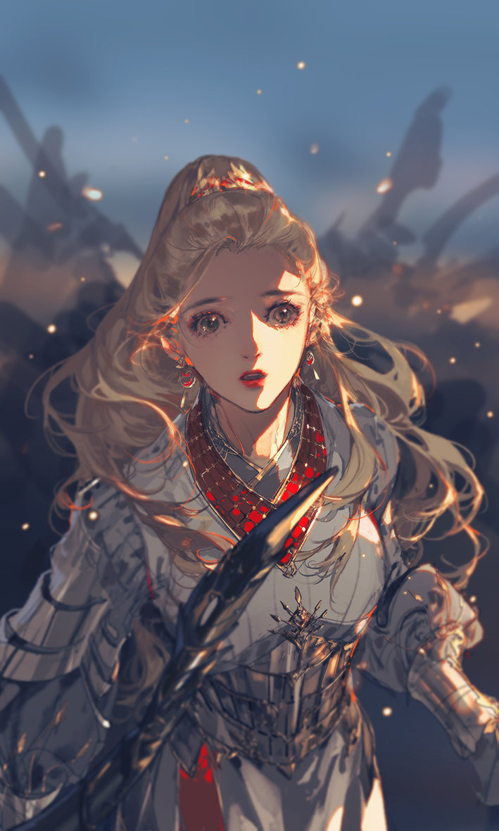 1girl armor army blonde_hair blue_sky blurry blurry_background brown_eyes cloud cowboy_shot dress earrings embers eyelashes hair_ornament high_ponytail ibuki_satsuki jewelry lipstick long_hair long_sleeves looking_at_viewer makeup necklace original outdoors parted_lips red_lips side_slit sky solo teeth upper_teeth_only white_dress white_sleeves