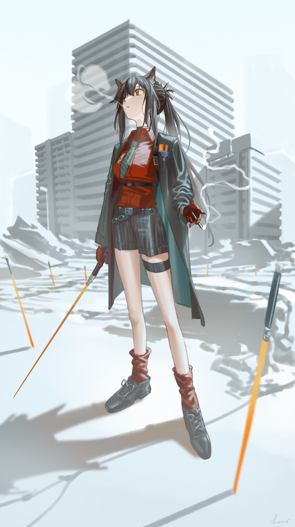 1girl animal_ear_fluff animal_ears arknights belt black_coat black_footwear black_hair black_shorts building chinese_commentary cigarette coat collared_shirt full_body gloves green_necktie hair_between_eyes highres holding holding_cigarette holding_sword holding_weapon jacket lanzi_(415460661) long_hair long_sleeves looking_up necktie official_alternate_costume open_clothes open_coat outdoors parted_lips planted planted_sword ponytail red_gloves red_shirt red_socks shadow shirt shoes shorts sidelocks smoke smoking socks solo standing striped_clothes striped_shorts sword texas_(arknights) texas_(willpower)_(arknights) thigh_strap weapon wolf_ears wolf_girl