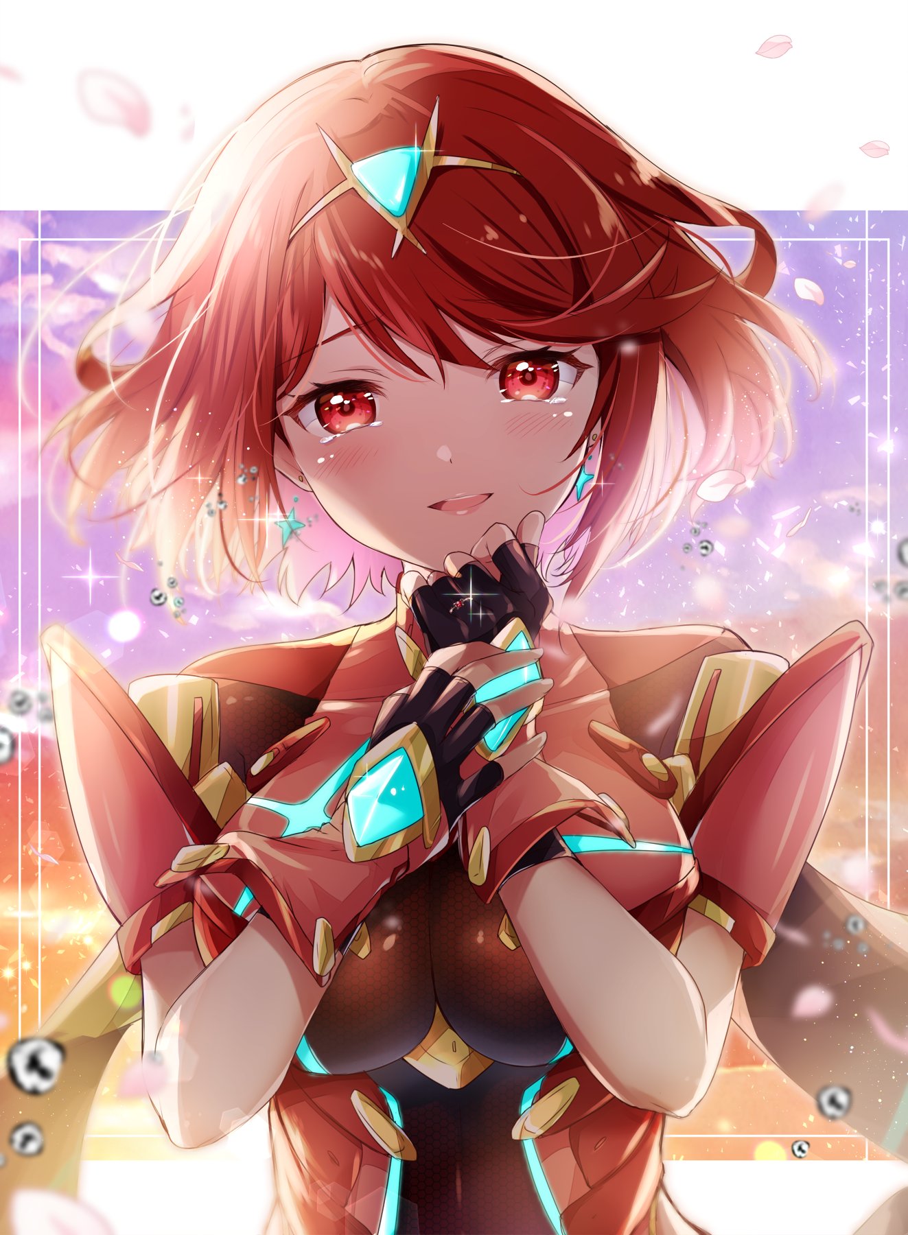 1girl blush breasts drop_earrings earrings fingerless_gloves gem gloves headpiece highres jewelry large_breasts looking_at_viewer open_mouth pyra_(xenoblade) red_eyes red_hair short_hair smile solo swept_bangs tears tiara ui_frara xenoblade_chronicles_(series) xenoblade_chronicles_2
