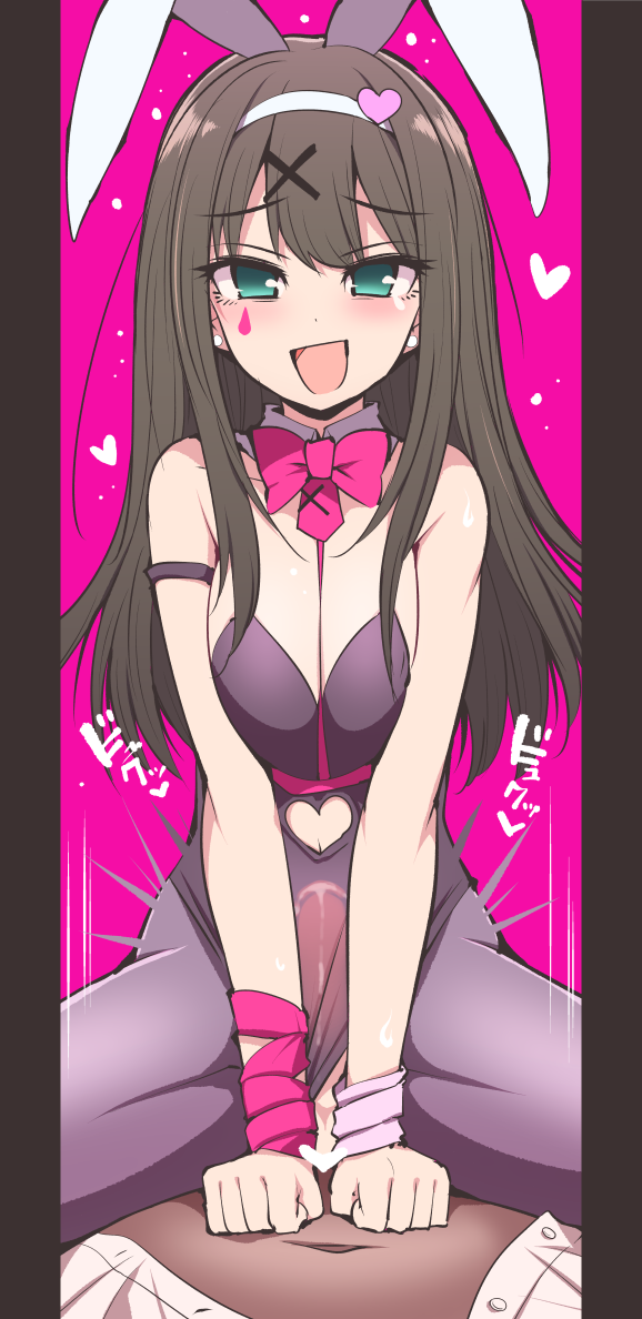 1boy 1girl animal_ears black_leotard bow bowtie breasts brown_hair censored cleavage clothing_aside cowgirl_position fake_animal_ears girl_on_top hair_ornament hairband heart heart_censor idolmaster idolmaster_cinderella_girls leotard leotard_aside long_hair medium_breasts motion_lines pink_background pink_bow pink_bowtie playboy_bunny rabbit_ears rabbit_hole_(vocaloid) serebi_ryousangata sex shibuya_rin simple_background straddling white_hairband x_hair_ornament