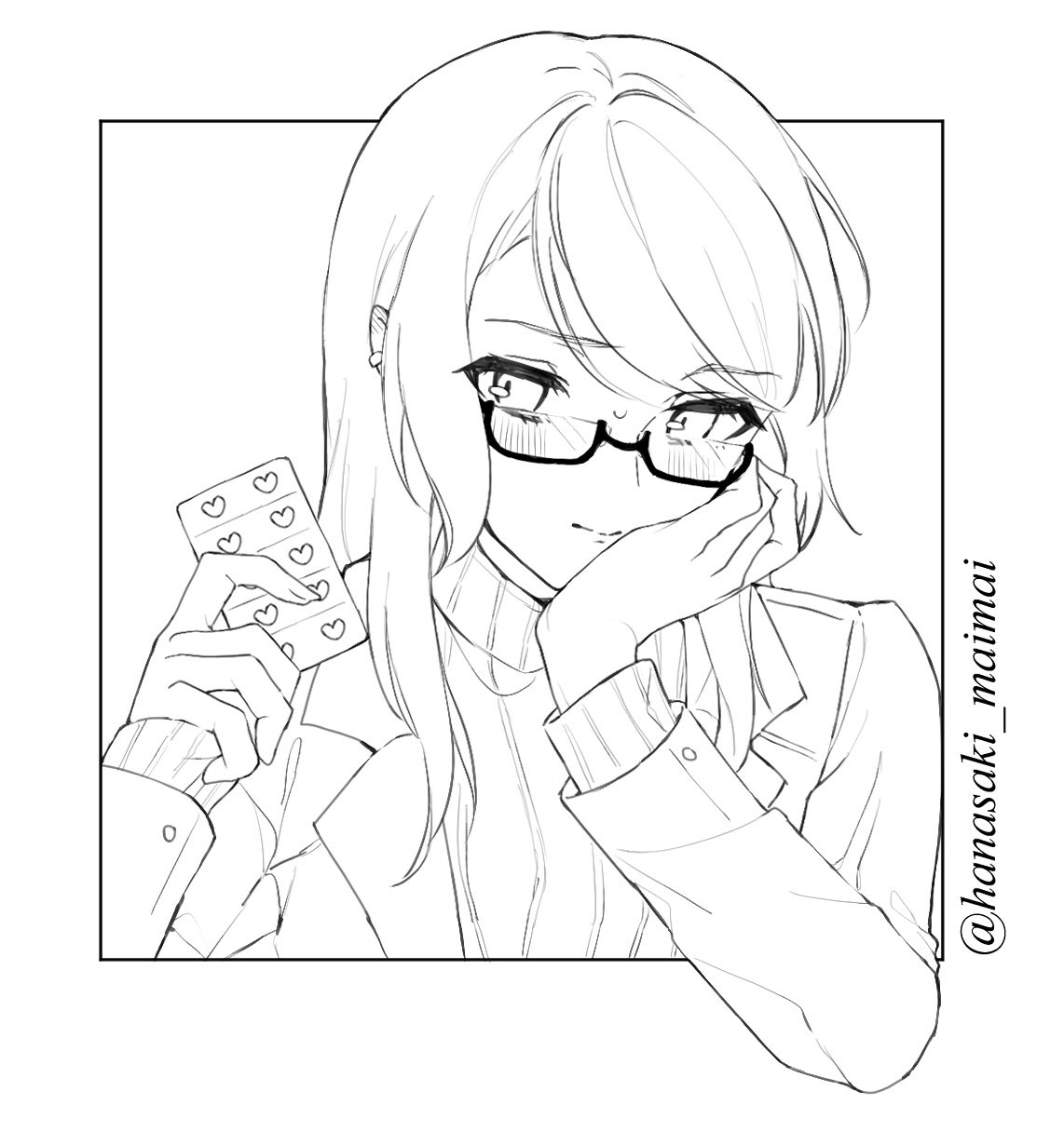 1girl bang_dream! blister_pack blush border closed_mouth ear_blush earclip glasses greyscale hair_between_eyes head_rest highres hikawa_sayo holding jacket lineart long_hair long_sleeves looking_at_viewer monochrome outside_border sakurahara semi-rimless_eyewear sidelocks solo sweater twitter_username under-rim_eyewear upper_body