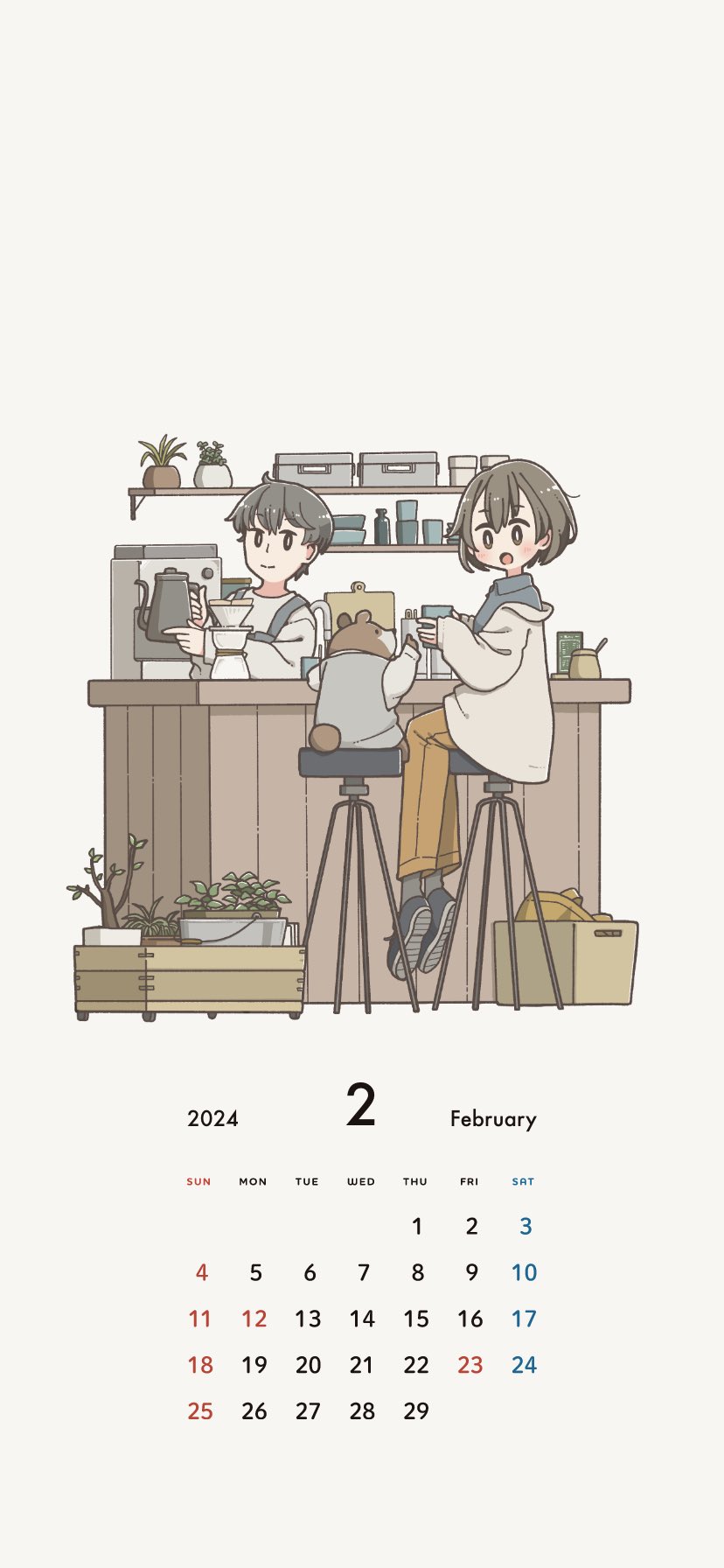 1boy 1girl bear black_hair blush brown_hair brown_pants calendar_(medium) closed_mouth east_sha2 highres long_sleeves looking_at_another open_mouth original pants plant potted_plant short_hair sitting smile stool
