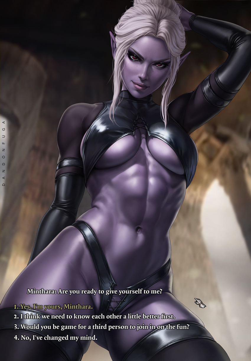 1girl abs arm_behind_head artist_name ass_visible_through_thighs baldur's_gate baldur's_gate_3 black_sleeves black_thighhighs blurry blurry_background breasts colored_skin crop_top cursor dandon_fuga dark_elf detached_sleeves dungeons_&amp;_dragons elf english_text grey_skin highres latex latex_panties latex_sleeves lips minthara muscular muscular_female navel panties pointy_ears sidelocks solo thighhighs underboob underwear white_hair