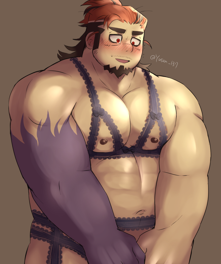 1boy alternate_scar bags_under_eyes bara blush boogeyman_(housamo) colored_skin crossdressing facial_hair goatee hiramushi_(yusan_137) lingerie long_sideburns multicolored_hair muscular muscular_male mustache_stubble orange_hair purple_skin red_eyes scar scar_on_face sideburns sideburns_stubble stubble thick_eyebrows tokyo_afterschool_summoners two-tone_hair underwear