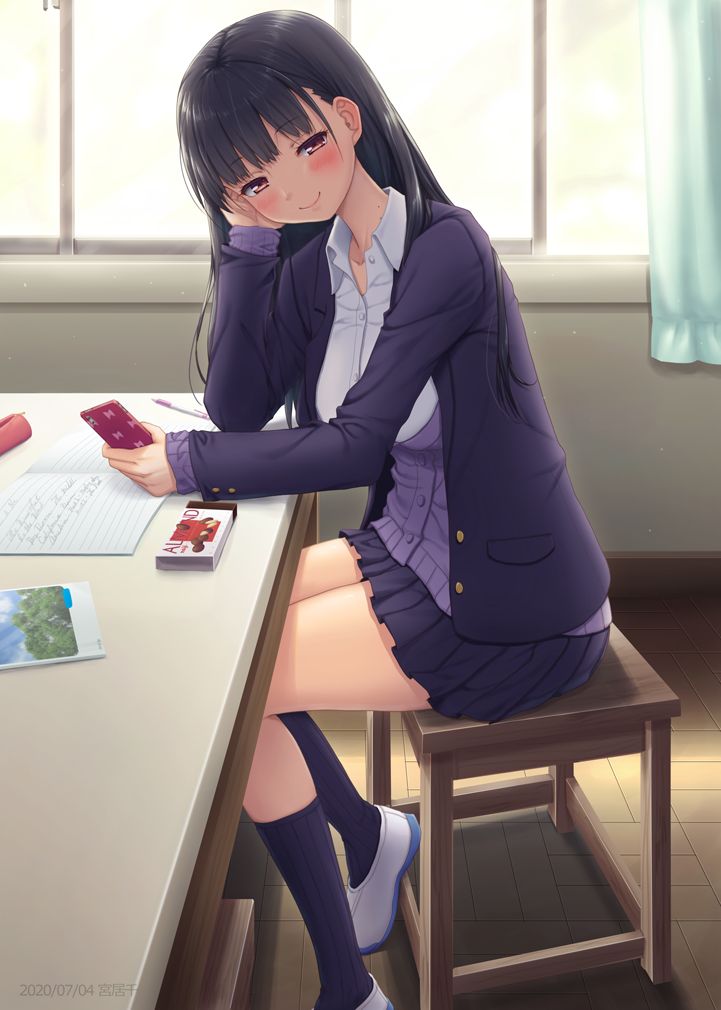 1girl black_hair boku_no_kokoro_no_yabai_yatsu brown_eyes cardigan cellphone closed_mouth elbow_rest holding holding_phone indoors jacket kneehighs loafers long_hair long_sleeves looking_at_viewer miniskirt miyai_sen phone pleated_skirt purple_cardigan purple_jacket purple_skirt purple_socks school_uniform shoes sitting skirt smartphone smile socks white_footwear window yamada_anna