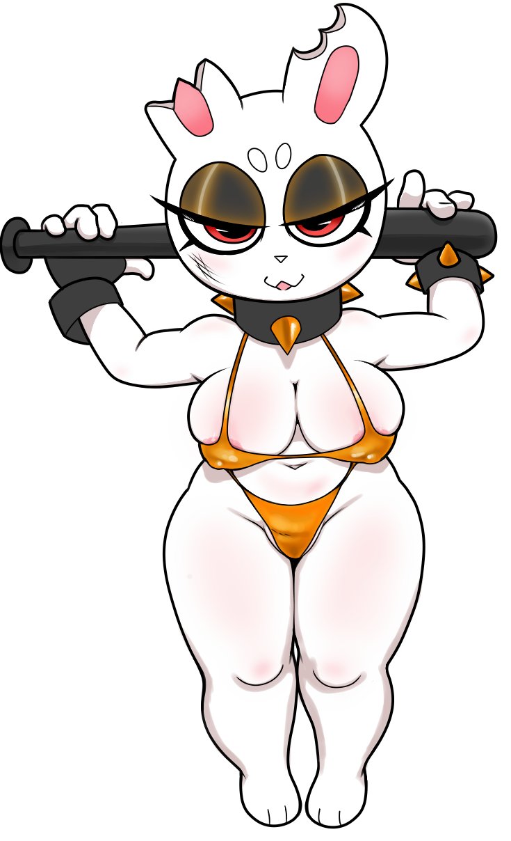 3_toes 4_fingers anthro areola baseball_bat bat_(object) big_breasts bikini biped bracelet breasts clothed clothing collar dedreds eyelashes eyeshadow feet female fingers front_view fur half-closed_eyes hi_res jewelry lagomorph leporid makeup mammal narrowed_eyes navel notched_ear rabbit red_eyes short_stack solo spiked_collar spikes standing swimwear thick_calves thick_thighs toes trash_bun_(itsded) weapon white_body white_fur
