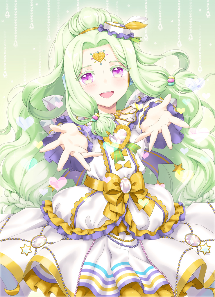 1girl :d blush cowboy_shot dress forehead_jewel foreshortening frilled_dress frills green_background green_hair hands_up headphones heart jewlie_(pripara) long_hair looking_at_viewer low-tied_sidelocks open_mouth outstretched_arms pretty_series pripara purple_eyes reaching reaching_towards_viewer smile solo standing unya_(unya-unya) very_long_hair white_dress