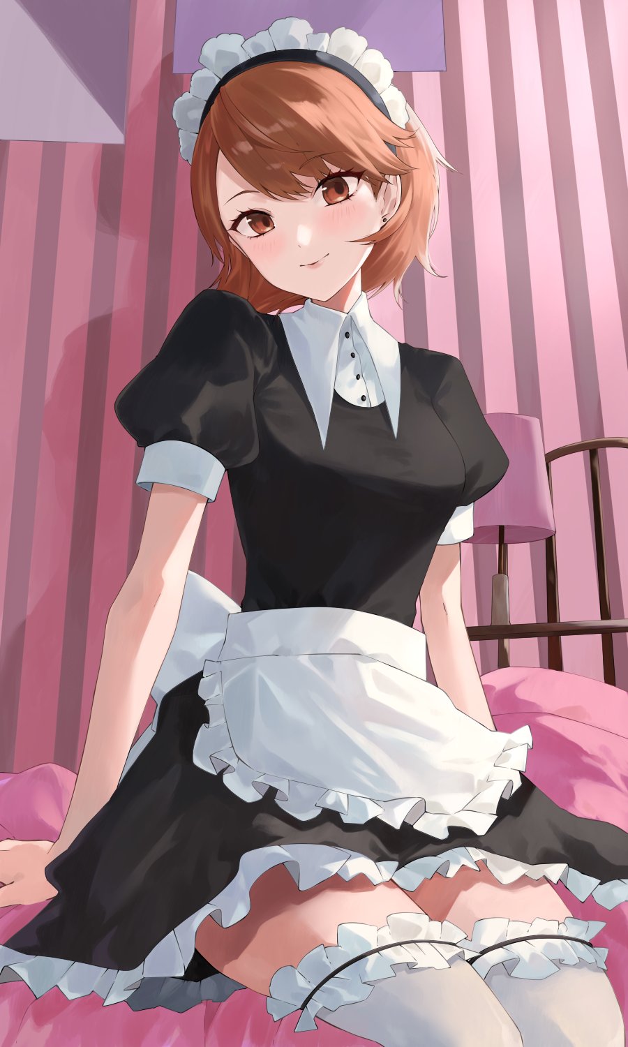 1girl apron arm_support bed bed_sheet black_dress blush brown_eyes brown_hair closed_mouth collared_shirt commentary cowboy_shot desk_lamp dress earrings frilled_apron frilled_thighhighs frills highres indoors jewelry juliet_sleeves konchi_(63438789) lamp long_sleeves looking_at_viewer maid maid_apron maid_headdress official_alternate_costume persona persona_3 persona_3_reload puffy_short_sleeves puffy_sleeves shirt short_dress short_hair short_sleeves sitting smile solo stud_earrings swept_bangs takeba_yukari thighhighs white_apron white_shirt white_thighhighs zettai_ryouiki