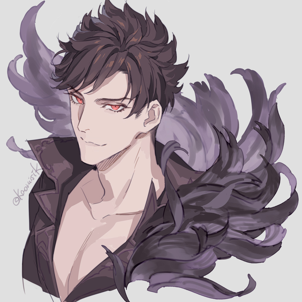 1boy :3 artist_name belial_(granblue_fantasy) brown_hair commentary_request evil_smile feather_boa granblue_fantasy looking_at_viewer male_focus messy_hair parted_bangs partially_unbuttoned pectoral_cleavage pectorals popped_collar pota_(bluegutty) red_eyes signature smile solo spiked_hair twitter_username