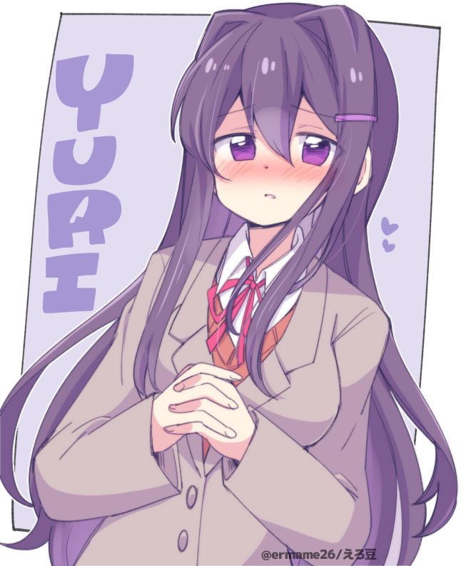 blush doki_doki_literature_club eromame grey_jacket hair_ornament hairclip jacket long_hair long_sleeves looking_at_viewer orange_vest own_hands_together purple_eyes purple_hair red_ribbon ribbon school_uniform simple_background vest yuri_(doki_doki_literature_club)