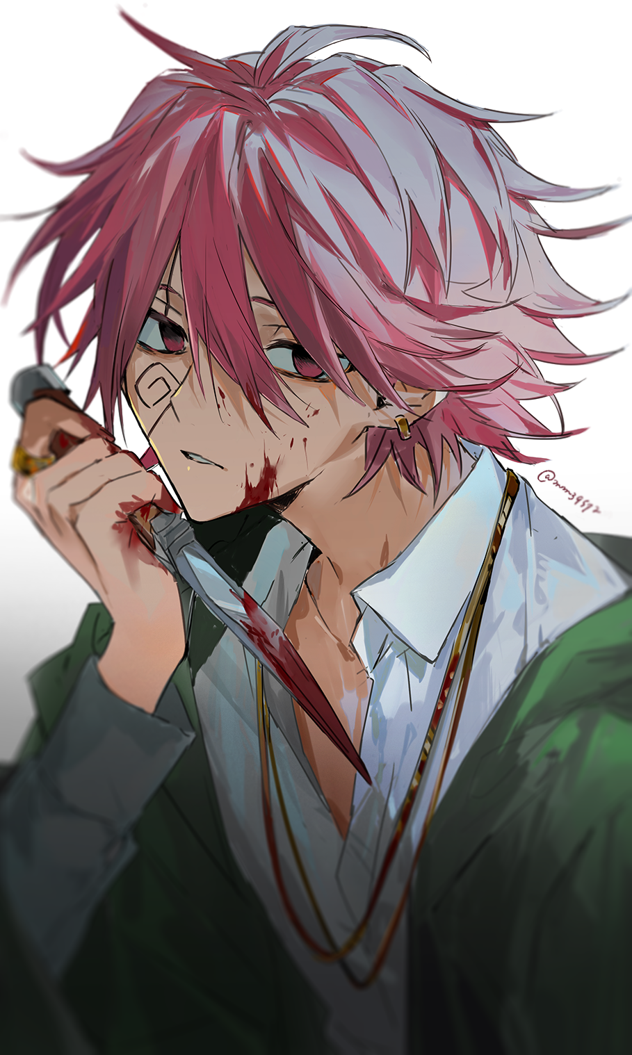 1boy blood carpaccio_luo-yang collared_shirt highres knife long_sleeves mashle mm39572 parted_lips red_eyes red_hair shirt short_hair solo twitter_username upper_body white_shirt