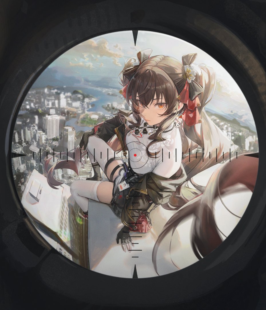 1girl breasts brown_hair building closed_mouth crossed_bangs douya_(233) fingerless_gloves girls'_frontline girls'_frontline_neural_cloud gloves hair_ribbon id_card jiangyu_(neural_cloud) large_breasts long_hair looking_at_viewer looking_through_scope off_shoulder orange_eyes red_ribbon ribbon sitting solo thighhighs twintails white_thighhighs