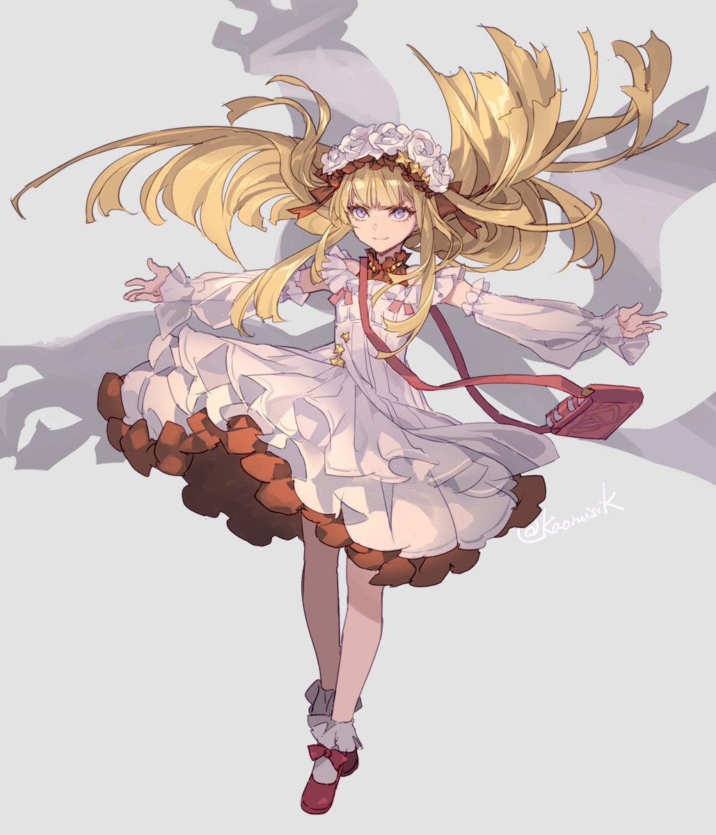 1girl alternate_costume artist_name bag blonde_hair blunt_bangs cagliostro_(granblue_fantasy) commentary_request detached_sleeves dress floating_clothes floating_hair frilled_dress frilled_sleeves frilled_socks frills full_body granblue_fantasy head_wreath headband highres long_hair off_shoulder outstretched_arms pota_(bluegutty) purple_eyes shoulder_bag signature silhouette smile socks solo twitter_username