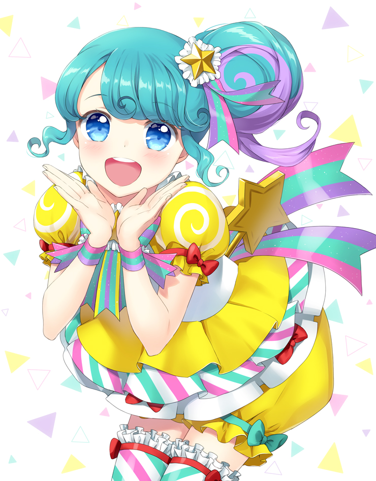 1girl :d blue_eyes blue_hair blush commentary_request frilled_thighhighs frills hair_bun hair_ornament hands_up idol_clothes leaning_forward looking_at_viewer multicolored_hair open_mouth pinon_(pripara) pretty_series pripara puffy_short_sleeves puffy_shorts puffy_sleeves purple_hair shirt short_sleeves shorts shouting_with_hands sidelocks single_side_bun smile solo standing star_(symbol) star_hair_ornament streaked_hair thighhighs unya_(unya-unya) white_background winding_key yellow_shirt