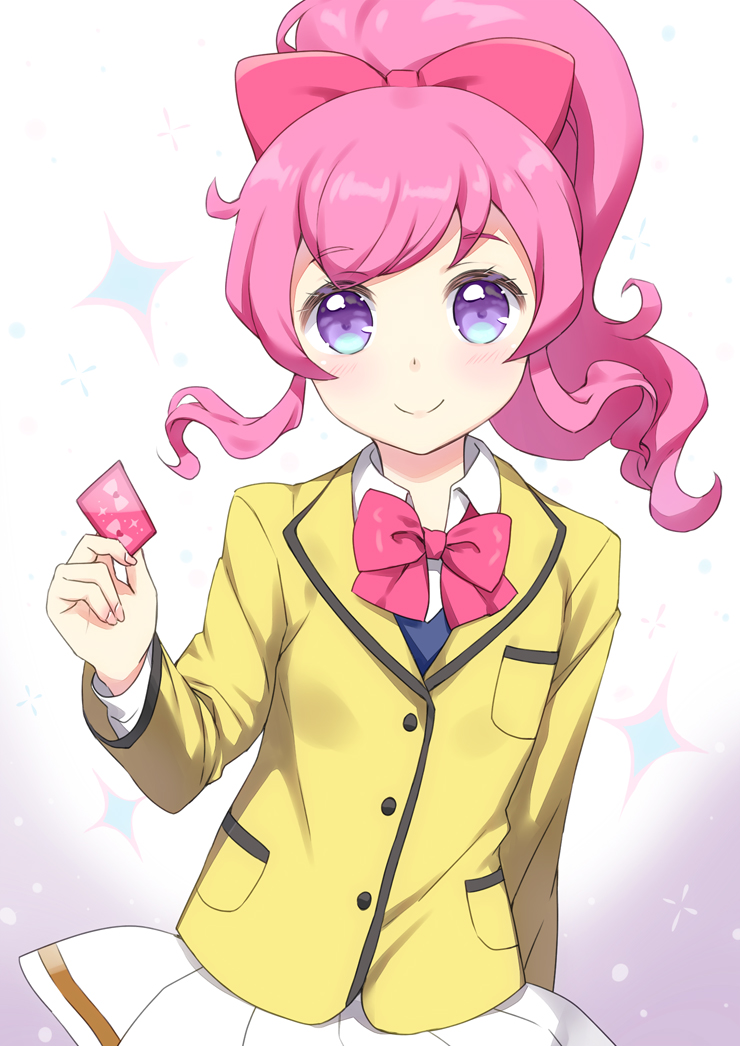 1girl blush bow bowtie closed_mouth collared_shirt commentary_request cowboy_shot hair_bow hand_up holding_ticket jacket kirarigaoka_middle_school_uniform kiratto_pri_chan long_hair long_sleeves looking_at_viewer momoyama_mirai pink_bow pink_bowtie pink_hair pleated_skirt ponytail pretty_series purple_eyes school_uniform shirt sidelocks skirt smile solo sparkle standing unya_(unya-unya) white_background white_shirt white_skirt yellow_jacket