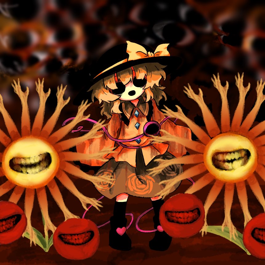 1girl :d black_hat bow buttons crossover diamond_button eyeball flower frilled_sleeves frills green_hair green_skirt hat hat_ribbon heripantomorrow hollow_eyes horror_(theme) komeiji_koishi long_sleeves mopemope open_mouth outdoors ribbon short_hair skirt smile solo teeth third_eye touhou wide_sleeves