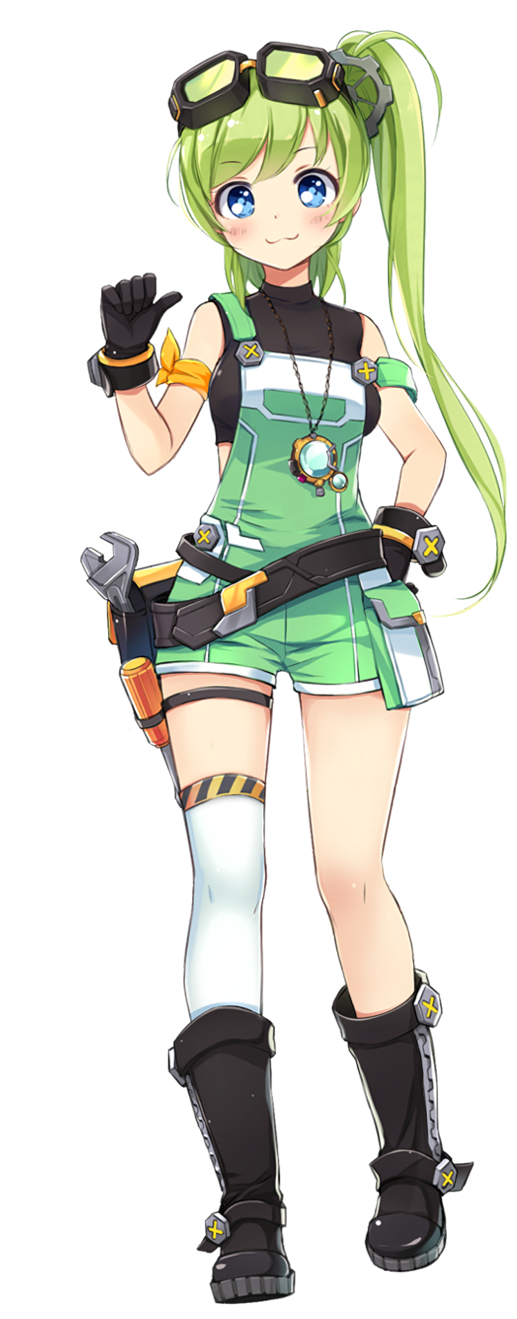 1girl :3 armband belt black_belt black_footwear black_gloves black_shirt boots breasts chain_necklace closed_mouth crop_top dot_nose full_body gear_hair_ornament gloves goggles goggles_on_head green_hair green_overalls hand_on_own_hip highres jeanie_(master_of_eternity) jewelry long_hair looking_at_viewer master_of_eternity medium_breasts necklace official_art pocket pointing pointing_at_self safety_glasses screwdriver shirt side_ponytail single_bare_leg single_thighhigh sleeveless sleeveless_shirt smile solo strap_slip tachi-e thigh_strap thighhighs third-party_source tool_belt transparent_background white_thighhighs wrench yellow_armband