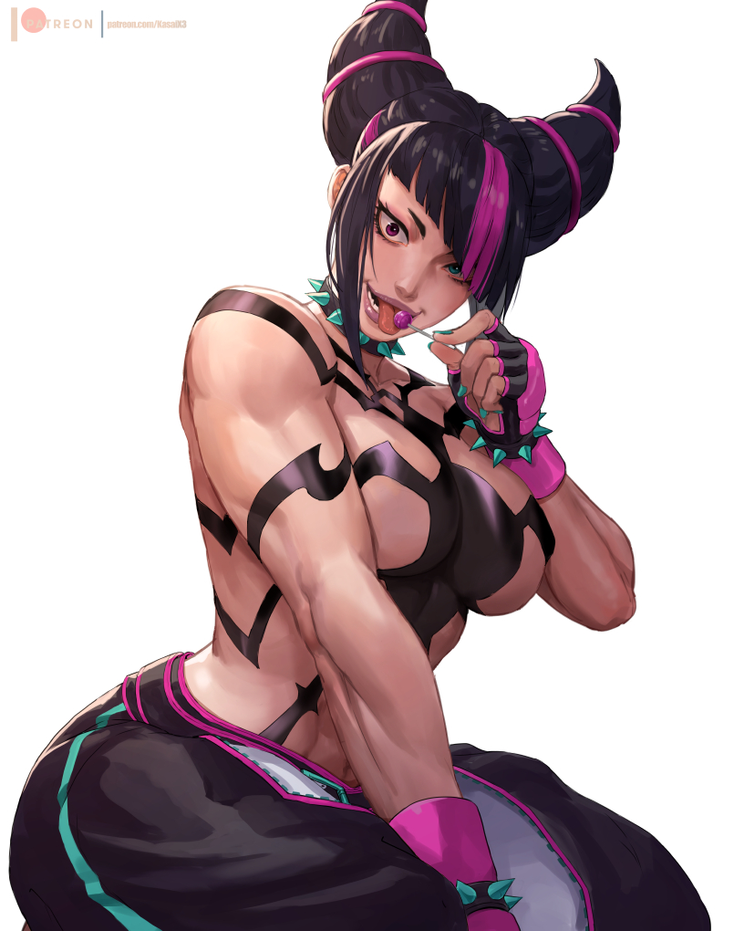 1girl aqua_eyes baggy_pants black_hair bracelet breasts candy chest_harness collar crazy_eyes crazy_straw diagonal_bangs drinking_straw fingerless_gloves fingernails food gloves green_nails hair_horns han_juri hand_up harness heterochromia holding holding_candy holding_food holding_lollipop jewelry large_breasts licking lips lollipop looking_at_viewer multicolored_hair nail_polish no_shirt open_mouth pants patreon_logo pink_eyes pink_hair rejean_dubois simple_background sitting smile solo spiked_bracelet spiked_collar spikes street_fighter street_fighter_6 toned tongue tongue_out two-tone_hair web_address white_background