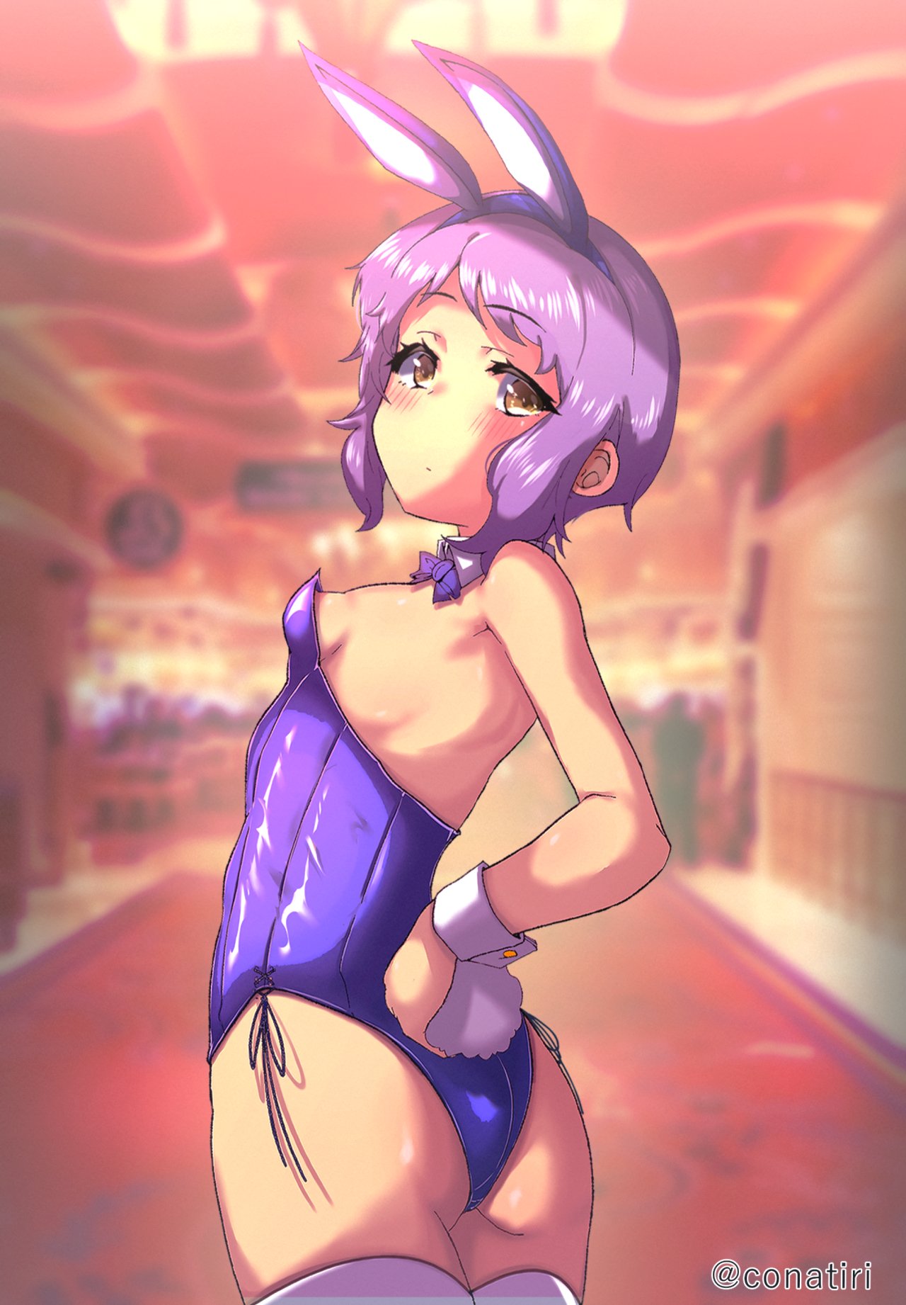 1girl animal_ears ass blurry blurry_background blush bow bowtie breasts casino commentary_request cowboy_shot detached_collar expressionless eyelashes fake_animal_ears fake_tail highres idolmaster idolmaster_million_live! indoors konachiri leotard looking_at_viewer makabe_mizuki nipples playboy_bunny purple_bow purple_bowtie purple_hair purple_leotard rabbit_ears rabbit_tail short_hair sidelocks small_breasts solo tail thighhighs thighs twitter_username wavy_hair white_thighhighs wrist_cuffs yellow_eyes