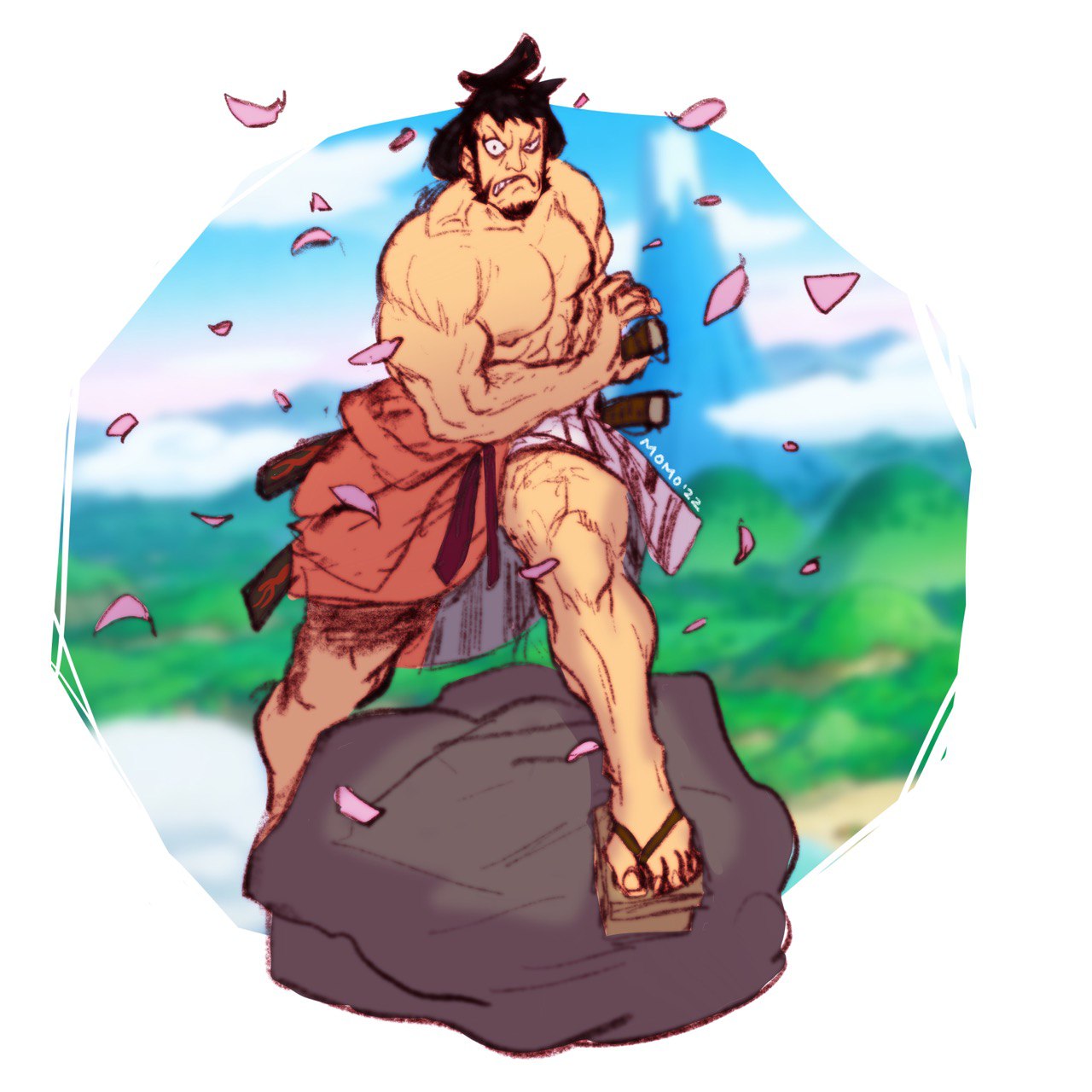 1boy abs bara black_hair cherry_blossoms clothes_down facial_hair falling_petals fighting_stance frown goatee highres japanese_clothes kimono kinemon large_pectorals looking_at_viewer male_focus manlymomo muscular muscular_male nipples one_piece open_clothes open_kimono pectorals petals ready_to_draw short_hair solo standing topknot topless_male uneven_eyes unfinished