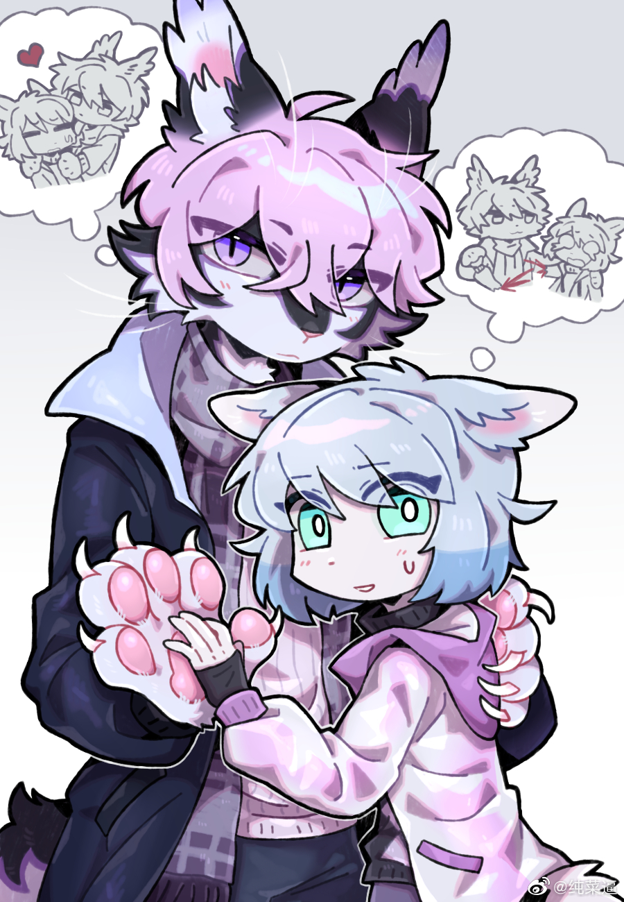 2023 ah_xin_(zhang_gun) anthro clothed clothing duo felid female hair hi_res jacket kemono mammal nervous pantherine pawpads pink_hair pink_nose pink_pawpads purple_eyes scarf snow_leopard teal_eyes topwear xiaohen_(zhang_gun) zhang_gun