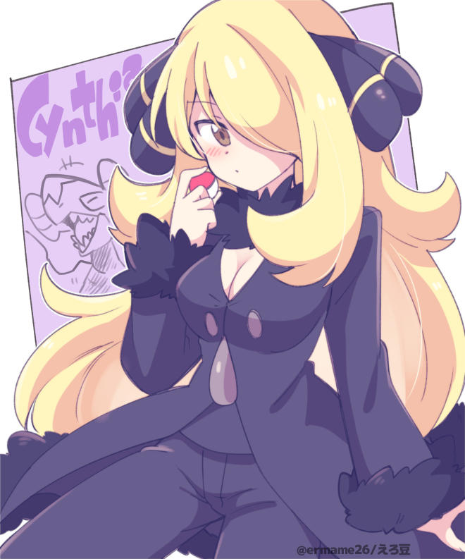 1girl black_coat blonde_hair blush brown_eyes coat cynthia_(pokemon) english_text eromame fur-trimmed_coat fur_collar fur_trim garchomp hair_ornament hair_over_one_eye holding holding_poke_ball long_hair looking_at_viewer poke_ball poke_ball_(basic) pokemon pokemon_(creature) pokemon_dppt simple_background