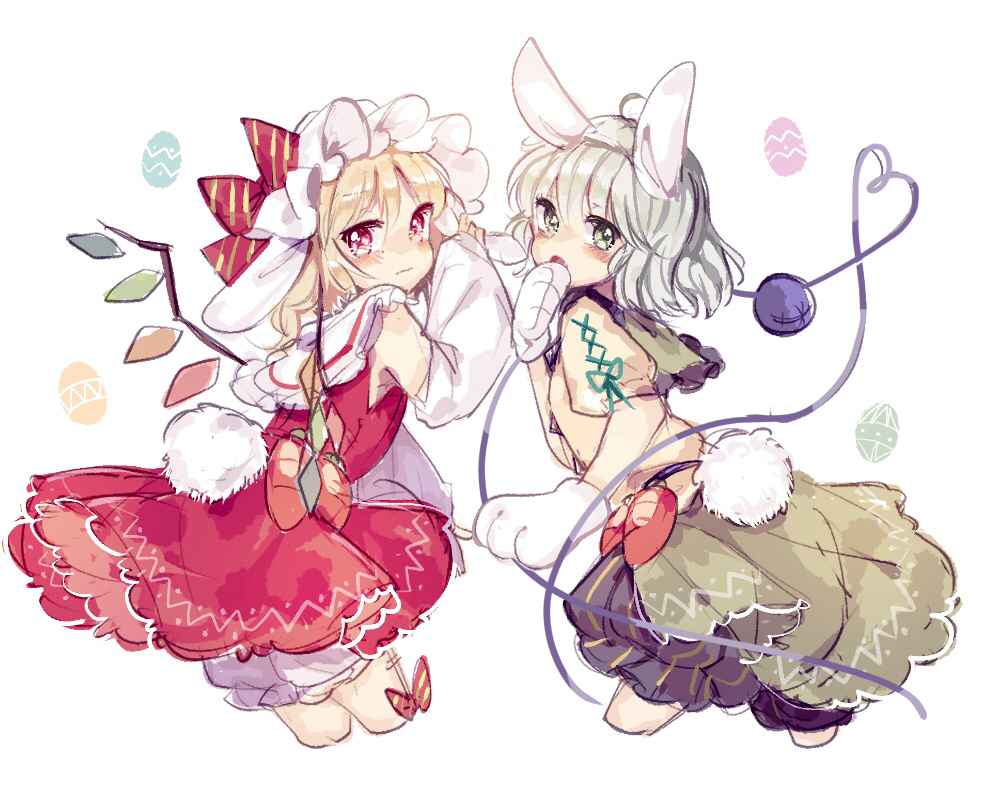 2girls ahoge animal_ears animal_hands blonde_hair crystal_wings dress flandre_scarlet from_behind full_body green_eyes green_hair hat komeiji_koishi looking_at_viewer mob_cap multiple_girls rabbit_ears rabbit_girl rabbit_tail red_dress red_eyes simple_background sorani_(kaeru0768) tail touhou white_background