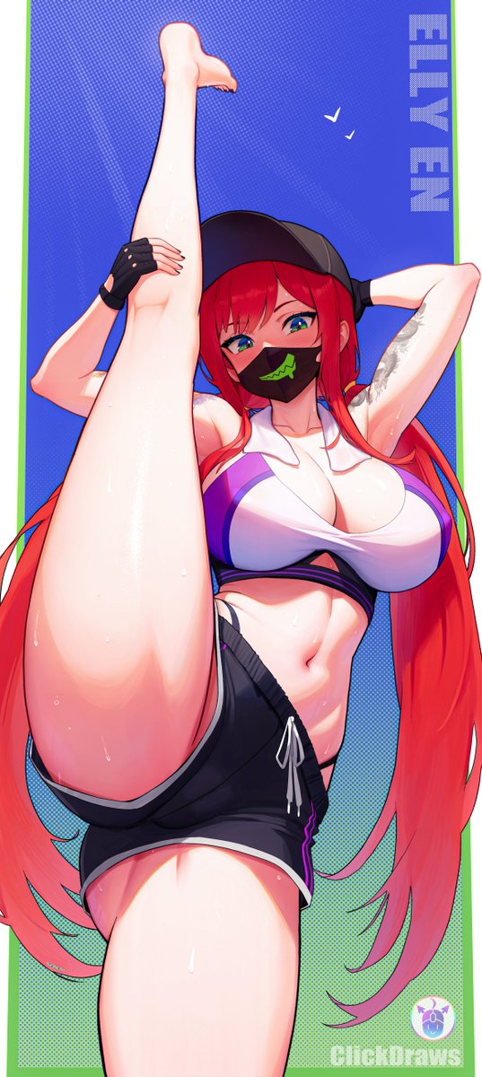 1girl arm_behind_head arm_tattoo armpits arms_up ass ass_visible_through_thighs bare_arms bare_legs bare_shoulders barefoot baseball_cap black_gloves black_hat black_shorts blue_eyes breasts cleavage clickdraws clothing_cutout collarbone cowboy_shot crop_top dolphin_shorts drawstring elly_(vtuber) fingerless_gloves flexible gloves green_eyes hat highleg highres indie_virtual_youtuber kneepits large_breasts leg_lift leg_up lifted_by_self long_hair looking_at_viewer low_twintails mask meme midriff mouth_mask navel panty_straps red_hair shirt short_shorts shorts shoulder_tattoo sleeveless sleeveless_shirt solo split standing standing_on_one_leg standing_split stomach sweat tattoo thighs towel towel_around_neck twintails twitter_strip_game_(meme) two-tone_shirt underboob_cutout very_long_hair virtual_youtuber white_shirt