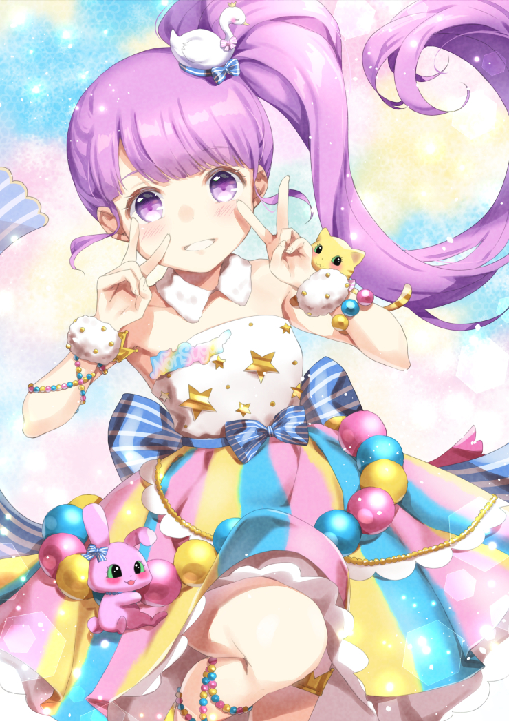 1girl :d bare_shoulders bird_hair_ornament blunt_bangs blush commentary_request detached_collar double_v dress hair_ornament hands_up idol_clothes long_hair looking_at_viewer manaka_non open_mouth pretty_series pripara purple_eyes purple_hair side_ponytail smile solo standing standing_on_one_leg star_(symbol) star_print strapless strapless_dress unya_(unya-unya) v wrist_cuffs
