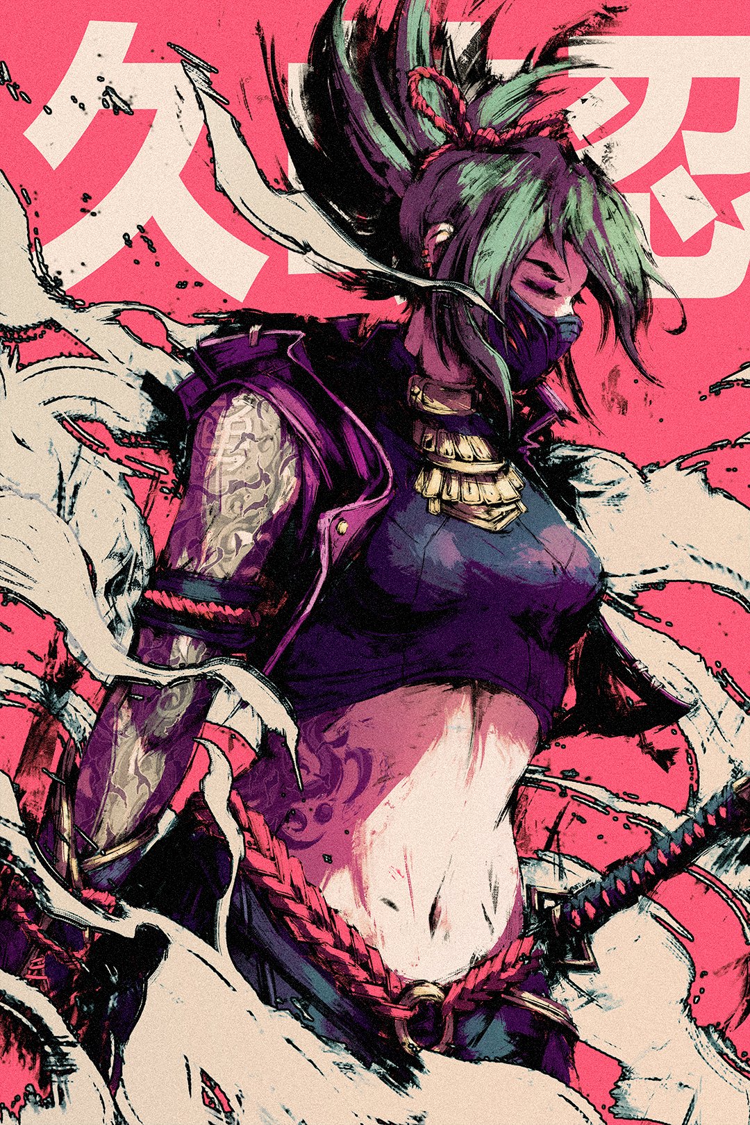 1girl akramness arm_tattoo arms_at_sides black_mask breasts closed_eyes covered_mouth cropped_vest genshin_impact green_hair highres jewelry kuki_shinobu long_hair mask medium_breasts midriff mouth_mask navel ninja_mask open_clothes open_vest purple_rope rope solo stomach stomach_tattoo sword tank_top tattoo taut_clothes three_quarter_view upper_body vest weapon wind