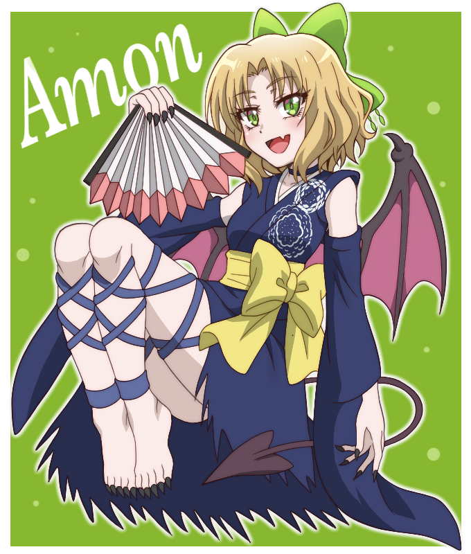 1girl amon_sloth barefoot black_choker black_nails blonde_hair blue_kimono breasts character_name choker demon_tail demon_wings detached_sleeves fang fingernails floating full_body green_background green_eyes green_ribbon hair_ribbon hand_fan holding holding_fan japanese_clothes kimono large_ribbon looking_at_viewer medium_breasts onomekaman open_mouth ribbon saikyou_tank_no_meikyuu_kouryaku_~tairyoku_9999_no_rare_skill-mochi_tank_yuusha_party_wo_tsuihou_sareru~ sharp_fingernails sharp_toenails short_hair sleeveless sleeveless_kimono smile solo tail toenails toes waist_ribbon wings yellow_ribbon