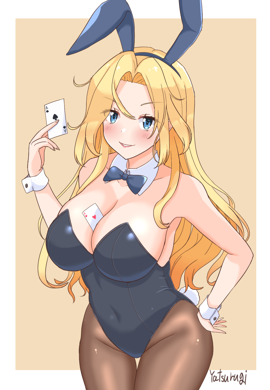 1girl :d ace_(playing_card) ace_of_hearts ace_of_spades animal_ear_hairband animal_ears backless_leotard bare_shoulders between_breasts black_leotard black_pantyhose blonde_hair blue_bow blue_eyes blush bow bowtie breasts card card_between_breasts cleavage commentary_request covered_navel cowboy_shot curly_hair detached_collar fake_animal_ears grin hairband hand_on_own_hip hand_up heart highres hip_focus holding holding_card hornet_(kancolle) kantai_collection large_breasts leotard long_hair looking_at_viewer pantyhose parted_lips playboy_bunny playing_card rabbit_ears rabbit_tail signature smile solo spade_(shape) tail thigh_gap very_long_hair wrist_cuffs yatsurugi