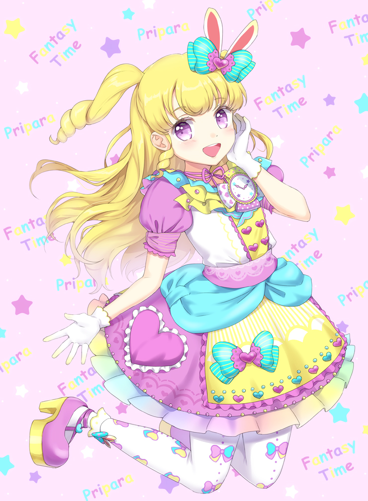 1girl :d animal_ears blonde_hair blue_bow blush bow commentary_request dress frilled_dress frills full_body gloves hair_bow hand_on_own_cheek hand_on_own_face hand_up idol_clothes idol_time_pripara kneeling long_hair looking_at_viewer open_mouth pantyhose pretty_series pripara puffy_short_sleeves puffy_sleeves purple_dress purple_eyes purple_footwear rabbit_ears ringlets shoes short_sleeves smile solo two_side_up unya_(unya-unya) white_gloves white_pantyhose yumekawa_yui