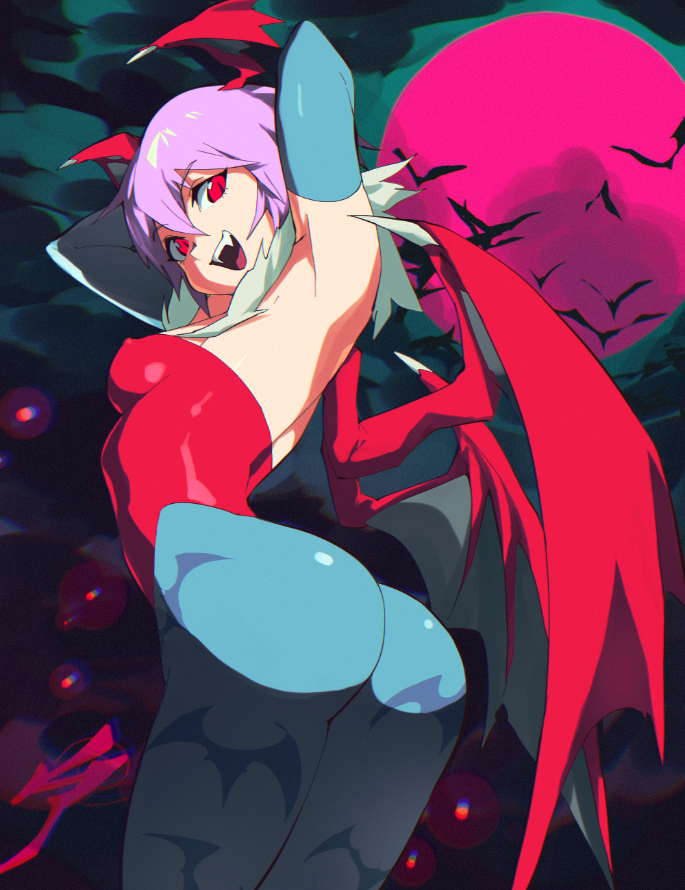 1girl aetherion animal_print armpits arms_behind_head artist_logo ass back bare_shoulders bat_(animal) bat_print bat_wings blue_gloves blue_pantyhose breasts capcom covered_nipples cowboy_shot demon_girl elbow_gloves fangs from_behind fur_trim gloves hair_between_eyes head_wings highleg highleg_leotard highres leotard lilith_aensland looking_at_viewer looking_back medium_breasts moon open_mouth pantyhose print_pantyhose purple_hair red_eyes red_leotard red_moon short_hair smile solo vampire_(game) wings