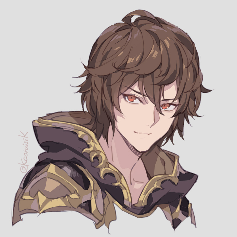 1boy ahoge artist_name brown_hair commentary_request granblue_fantasy grey_background hair_between_eyes hood hood_down looking_to_the_side male_focus messy_hair portrait pota_(bluegutty) red_eyes sandalphon_(granblue_fantasy) signature simple_background smile solo twitter_username