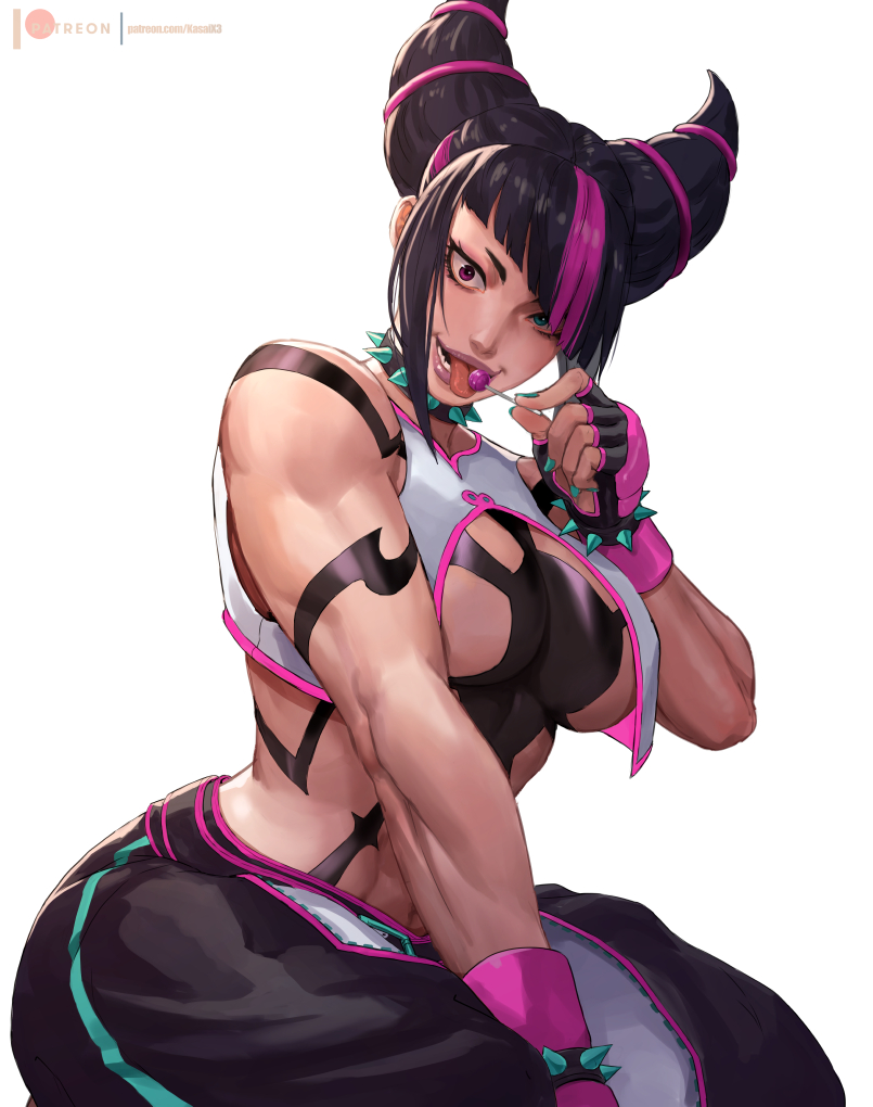 1girl aqua_eyes baggy_pants black_hair bracelet breasts candy chest_harness collar crazy_eyes crazy_straw crop_top diagonal_bangs drinking_straw fingerless_gloves fingernails food gloves green_nails hair_horns han_juri hand_up harness heterochromia holding holding_candy holding_food holding_lollipop jewelry large_breasts licking lips lollipop looking_at_viewer multicolored_hair nail_polish open_mouth pants patreon_logo pink_eyes pink_hair rejean_dubois simple_background sitting smile solo spiked_bracelet spiked_collar spikes street_fighter street_fighter_6 toned tongue tongue_out two-tone_hair web_address white_background