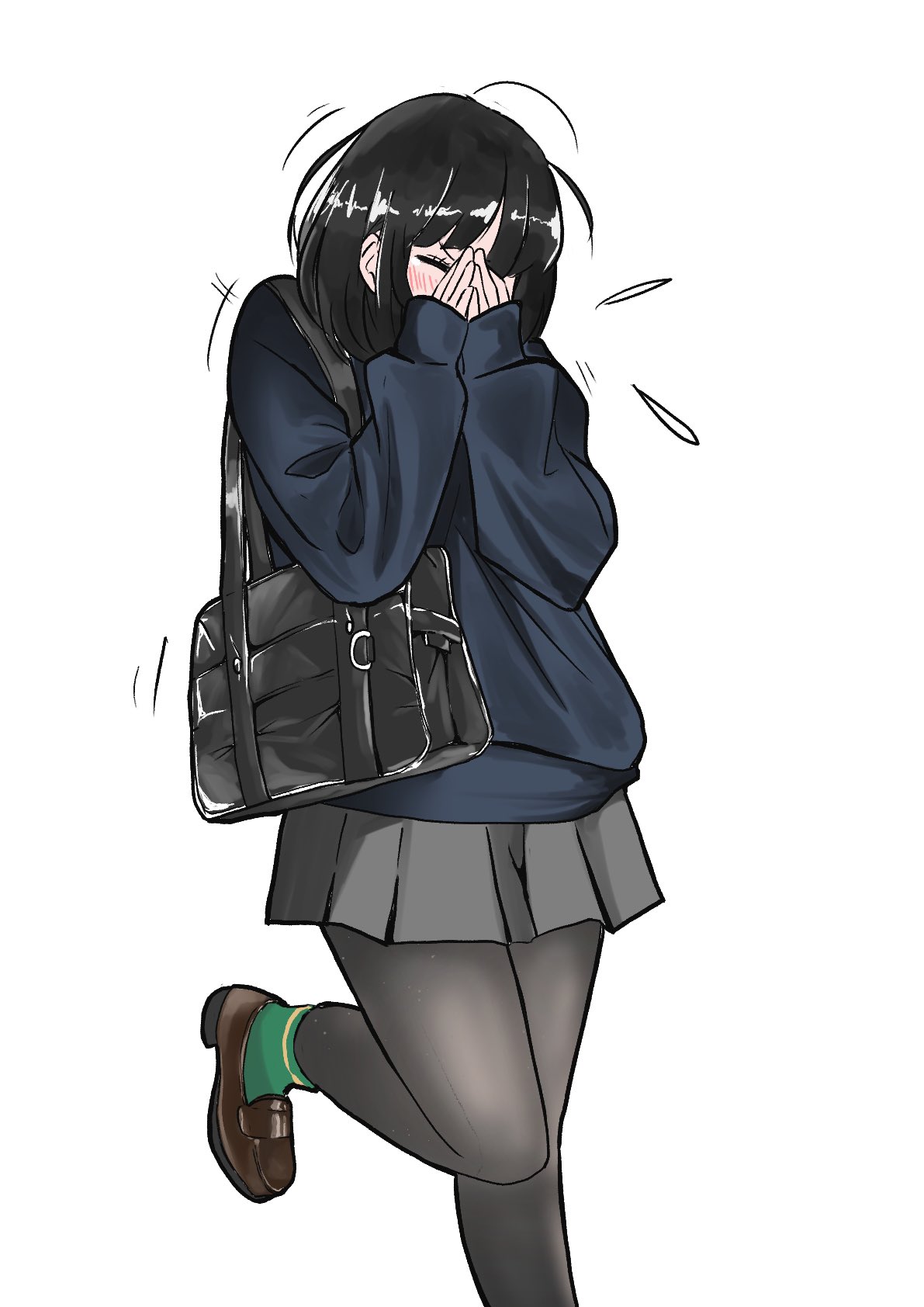 1girl bag black_bag black_hair black_pantyhose black_skirt blue_hoodie brown_footwear closed_eyes covering_face highres hood hoodie itochin_d loafers medium_hair original pantyhose pleated_skirt shoes shoulder_bag simple_background skirt sneezing socks solo standing standing_on_one_leg white_background