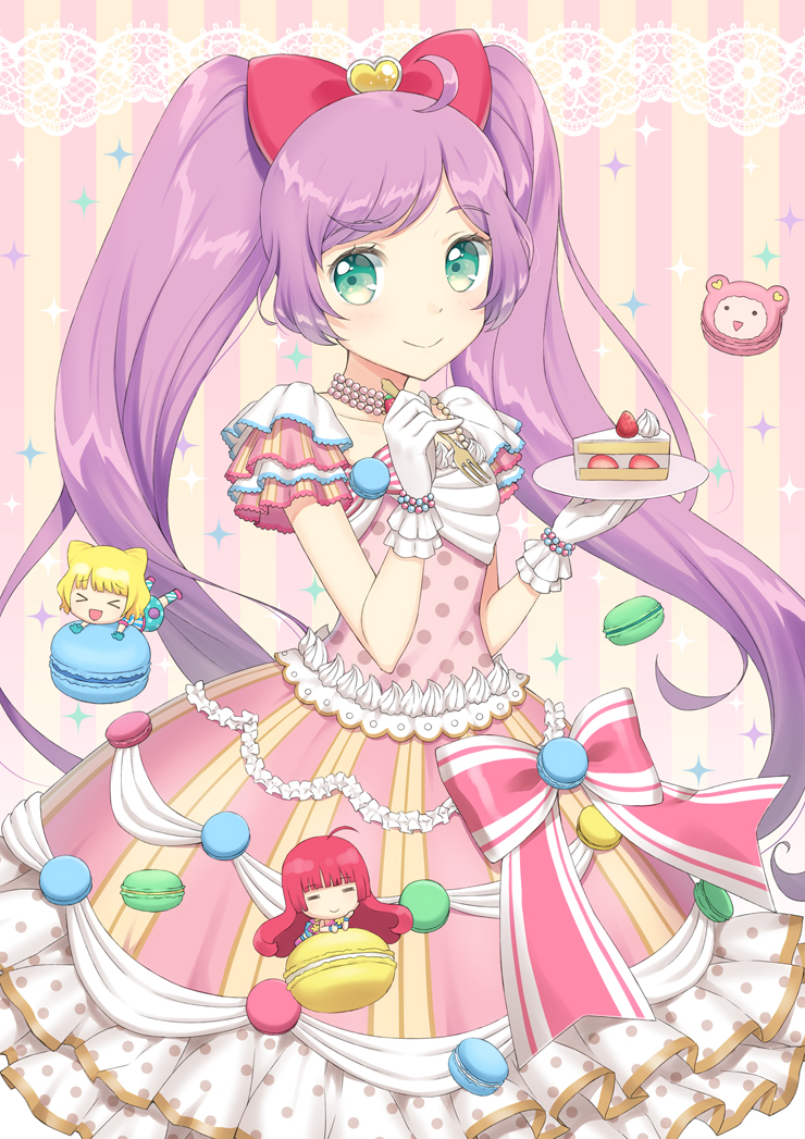 3girls :d ahoge blonde_hair blunt_bangs bow cake cake_slice character_food chibi closed_mouth commentary_request cowboy_shot double_bun dress food fork frilled_dress frills gloves green_eyes hair_bow hair_bun hands_up hojo_sophy holding holding_fork holding_plate jewelry kuma_(pripara) long_hair looking_at_viewer macaron manaka_laala minami_mirei mini_person minigirl multiple_girls necklace open_mouth pink_bow pink_dress plate pretty_series pripara purple_hair red_hair short_hair short_sleeves smile solo_focus standing strawberry_shortcake striped_background twintails unya_(unya-unya) very_long_hair white_gloves
