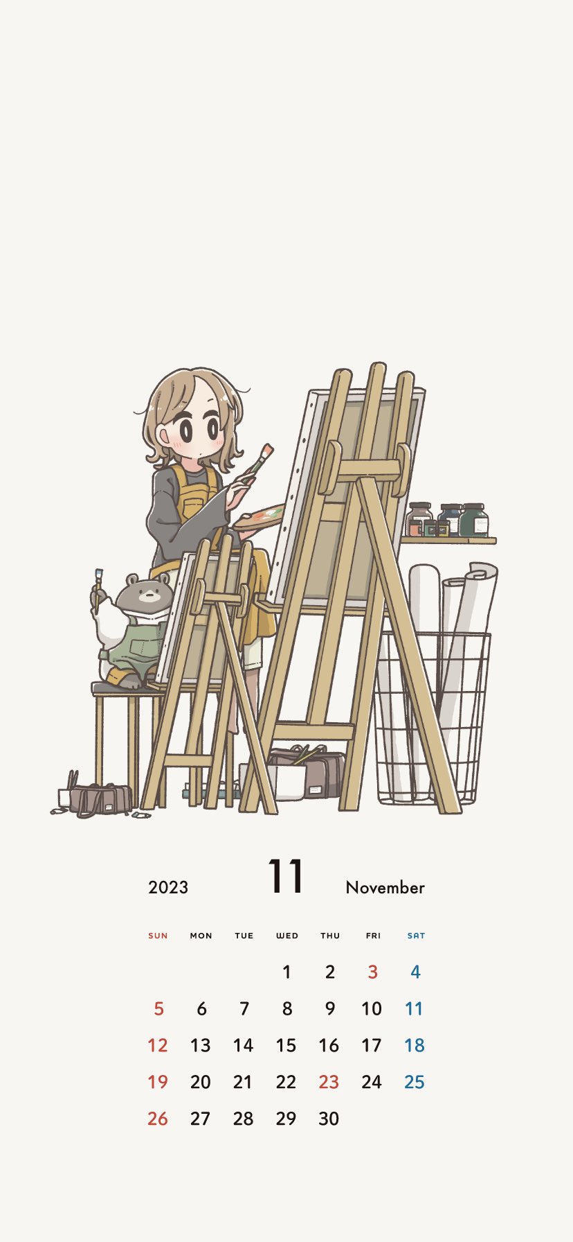 1girl apron blush brown_hair calendar_(medium) closed_mouth easel east_sha2 highres holding holding_paintbrush holding_palette messy_hair original paintbrush palette_(object) short_hair sitting solo