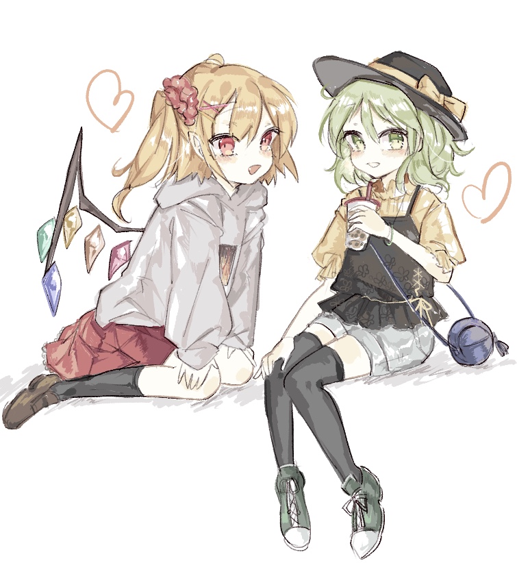 2girls alternate_costume bag blonde_hair crystal_wings flandre_scarlet green_eyes green_hair hat heart jacket komeiji_koishi mary_janes multiple_girls open_mouth pointy_ears red_eyes red_ribbon red_skirt ribbon shoes side_ponytail simple_background sitting skirt socks sorani_(kaeru0768) touhou white_background