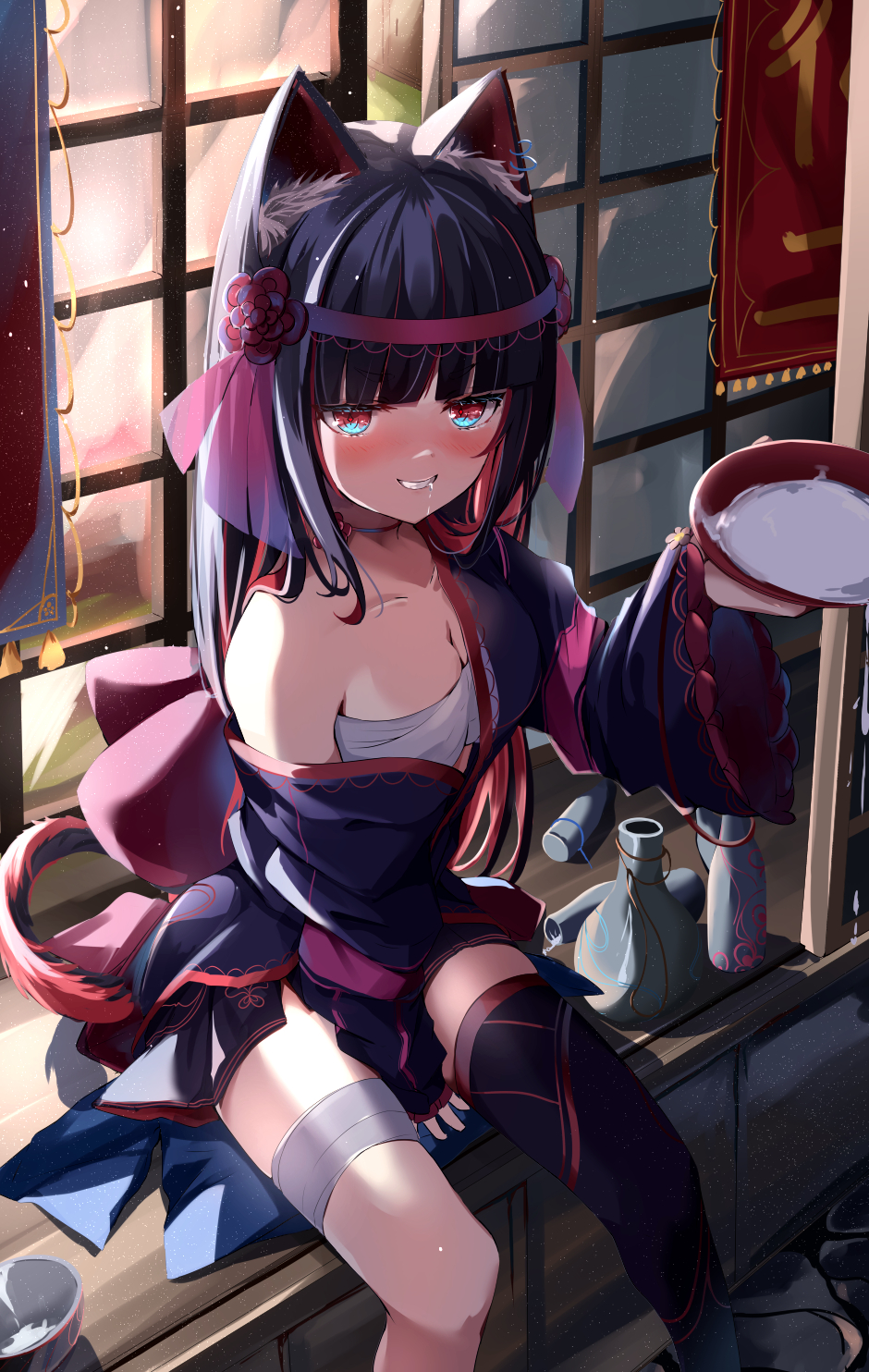 1girl alcohol animal_ear_fluff animal_ears between_legs black_hair black_kimono black_thighhighs blunt_bangs blush breasts cat_ears cat_girl cat_tail choko_(cup) cup drunk grin hand_between_legs highres japanese_clothes kimono long_hair long_sleeves looking_at_viewer medium_breasts multicolored_hair nagominagon off_shoulder original red_eyes red_hair sakazuki sake sarashi short_kimono single_thighhigh sitting smile spill spilling tail thighhighs tokkuri two-tone_hair wide_sleeves