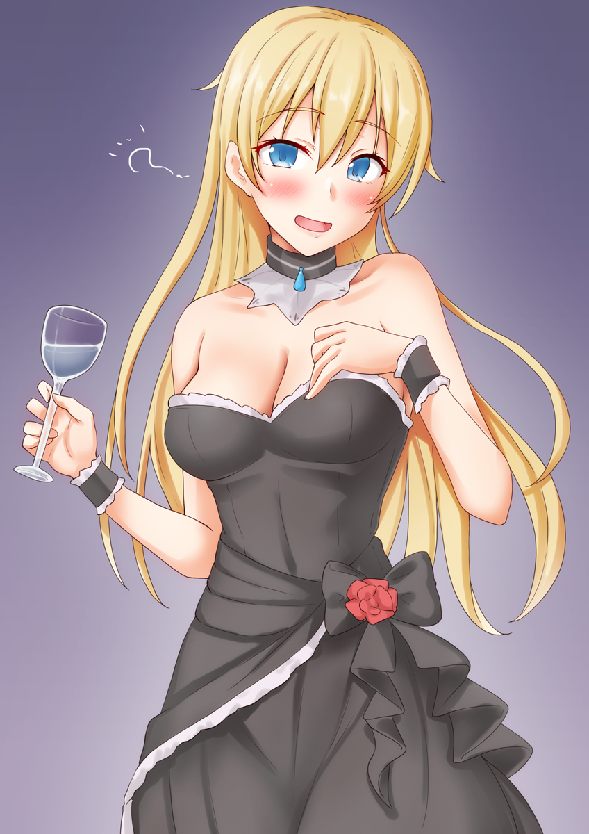 1girl anti_(untea9) bismarck_(kancolle) black_bow black_dress blonde_hair blue_eyes bow breasts cleavage commentary_request cup detached_collar dress drinking_glass drunk evening_gown flower gradient_background grey_background highres kantai_collection long_hair looking_at_viewer medium_breasts red_flower red_rose rose solo standing wine_glass wrist_cuffs